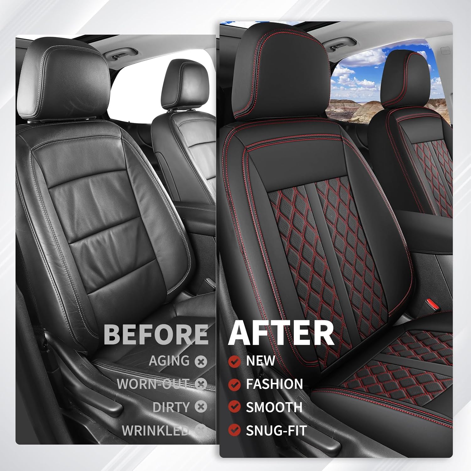 Huidasource Seat Covers for Nissan Frontier 2022-2025, Waterproof Leather Seat Covers for Nissan Frontier S SV PRO-X PRO-4X SL, Full Coverage Custom Fit Seat Cushion Cover(Fullset/Black&Red)