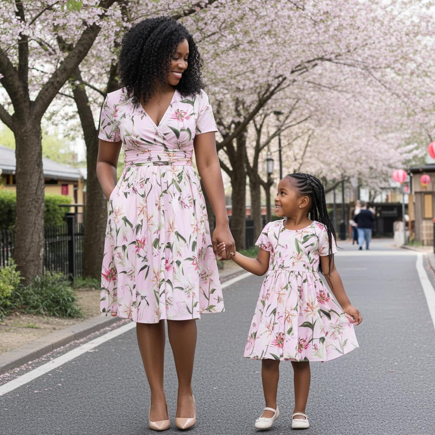 Mommy and Me Floral Dresses Mother Daughter Matching Short Sleeve Tshirt Midi Dress Crew Neck Outfits with Pockets - Image 2