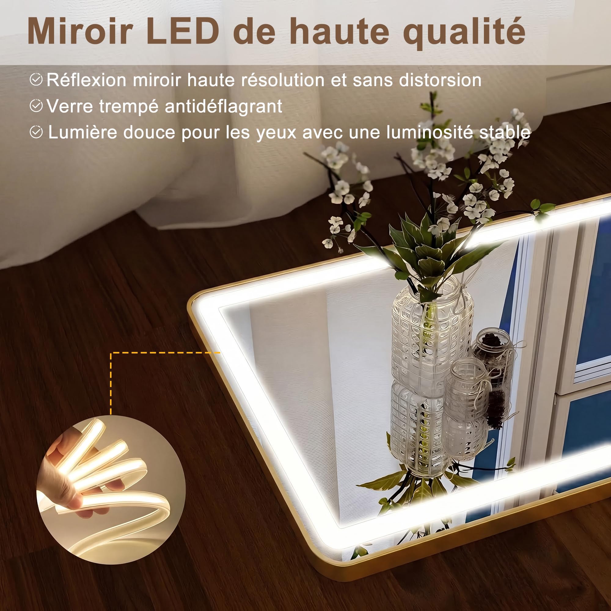 Lustro o pełnej długości LED 150 x 40 cm Złote lustro stojące w 3 temperaturach barwowych, możliwość ściemniania, duże wolnostojące i ścienne lustra do sypialni garderoba salon wejście