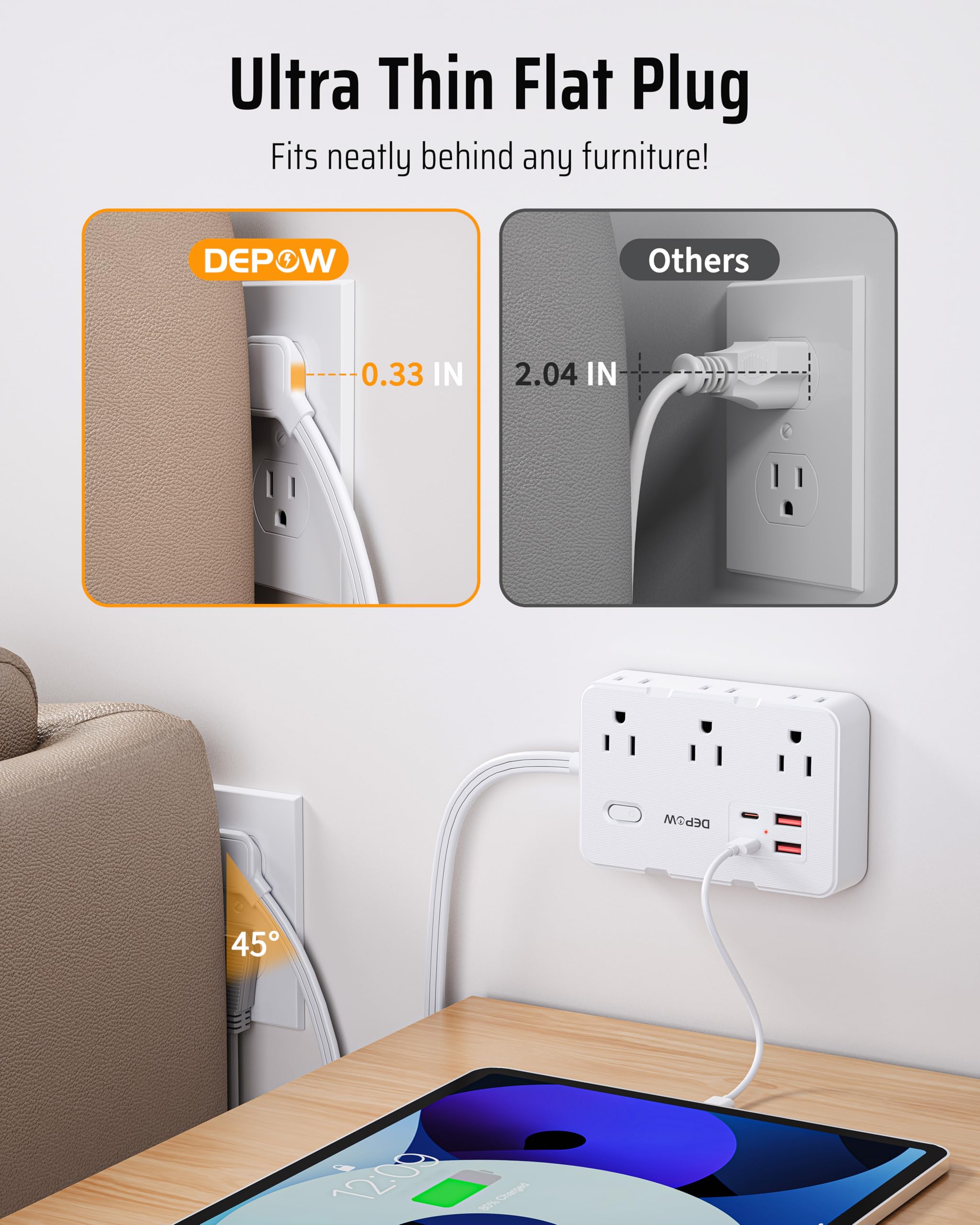 Steckdosenleiste mit 6 AC Steckdosen und 4 USB-A Ports, 45° abgewinkelte Steckdose Ladestation mit Netzschalter, 3 m Verlängerungskabel für Kreuzfahrten, Schlafzimmer,