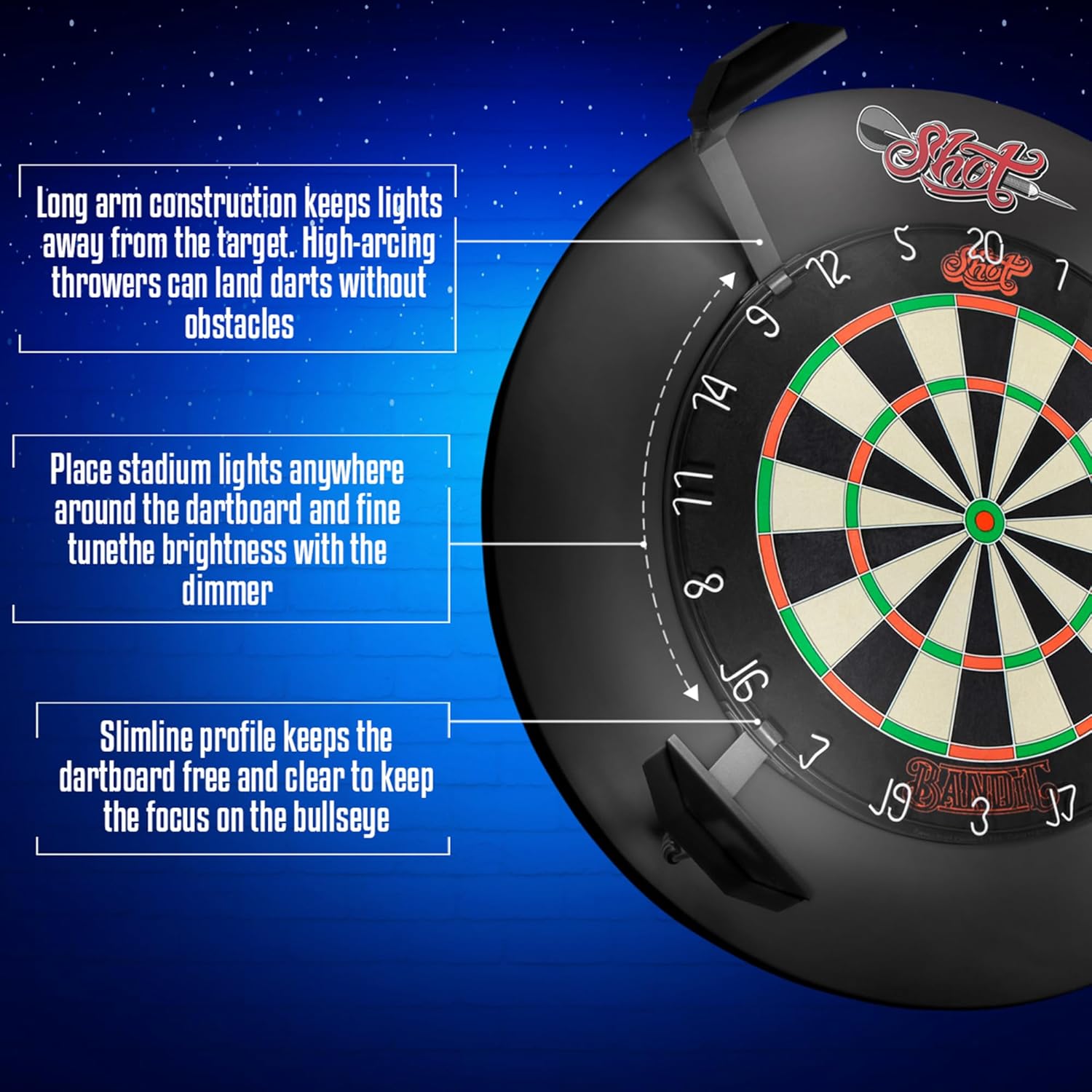 Shot Darts Stadium Dartboard Lighting System - 4 Steel Arms & Dimmer to Adjust Light Intensity (6100K LEDs) Minimal Shadow Versatile Fit Compact and Lightweight Design Easy Installation