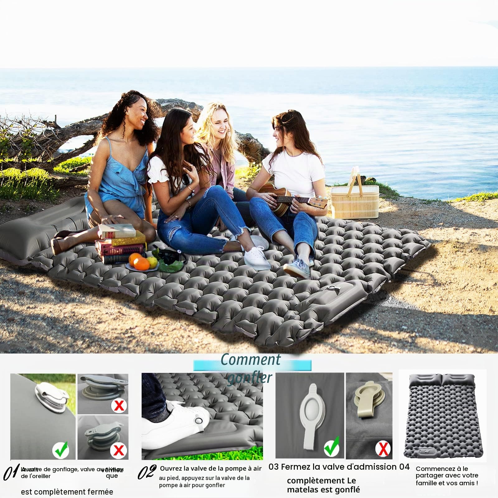 Matelas de Couchage Double pour Le Camping, Ultra épais et Auto-gonflant pour 2 Personnes avec Oreiller intégré Pompe à Pied Tapis de Couchage pour randonnée, Camping Portable