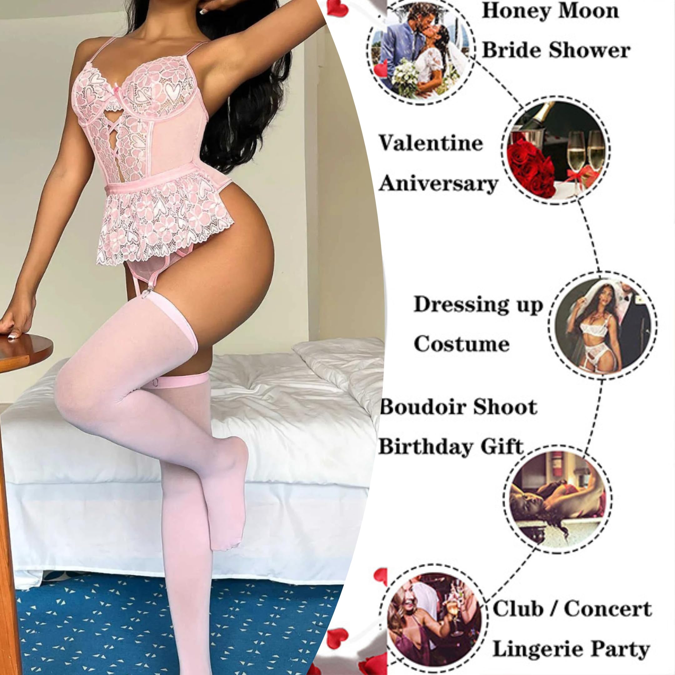 Komplet bielizny Teddy z pończochami, koronkowe body Bielizna na szelkach Bez pleców Przezroczysta siateczka Gorset Bielizna nocna Strappy Babydoll Trykot z głębokim V
