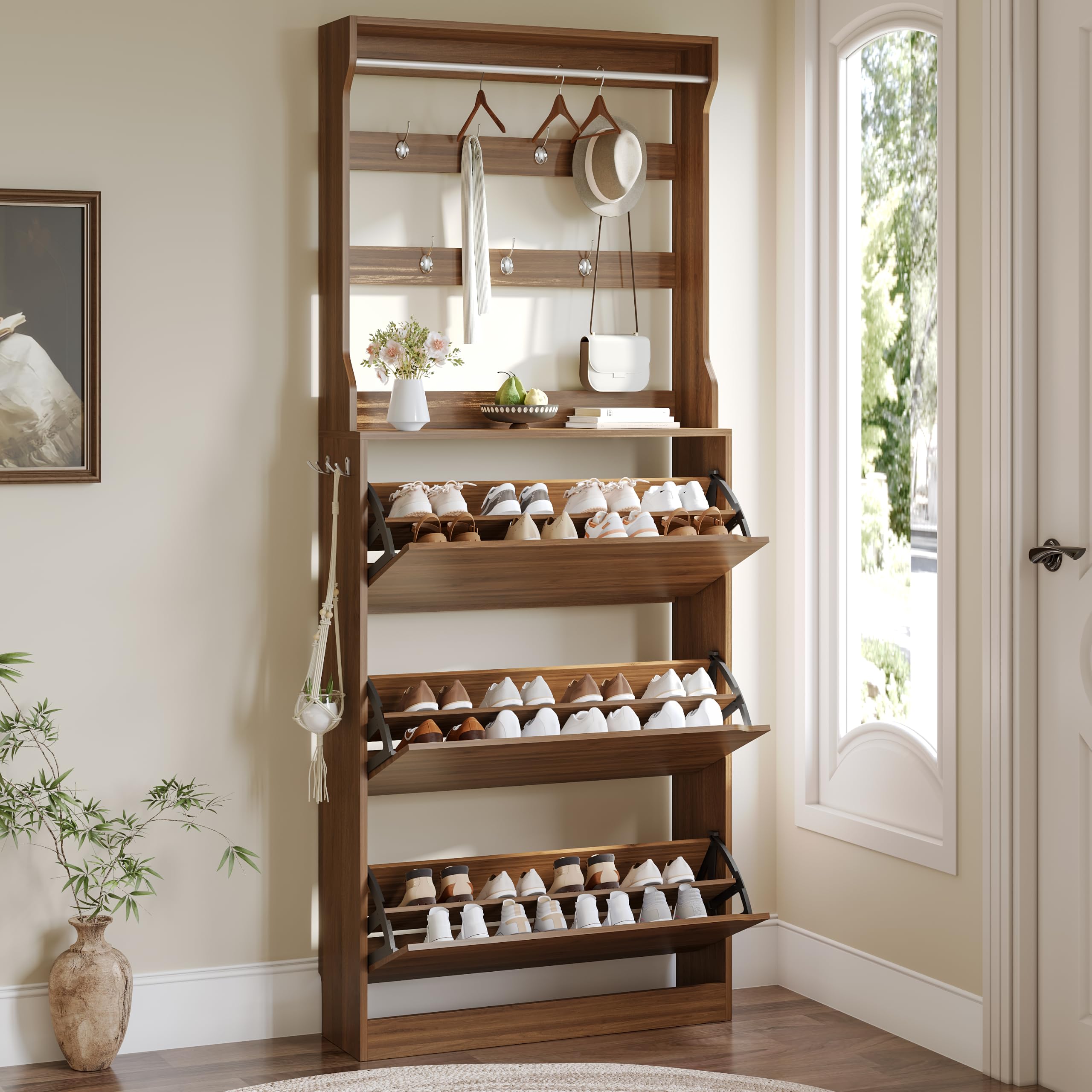 Shoe Cabinet for Entryway with 3 Flip Drawers, Walnut Tall Wood Shoe Storage Cabinet with Coat Rack, Narrow Hidden Slim Freestanding Shoe Rack Organizer, 2 in 1 Hall Tree for Living Room, Hallway