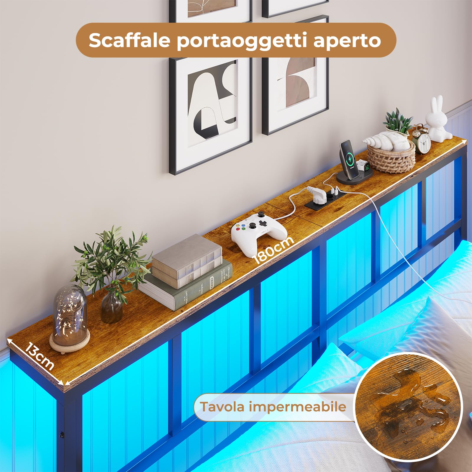 Brinlawb Struttura Letto Matrimoniale 180x200 cm con Luce LED e Stazione di Ricarica (2 Prese CA, 2 Porte USB) Struttura Letto 180x200 cm con struttura in metallo, Forte e stabile, Facile da montare