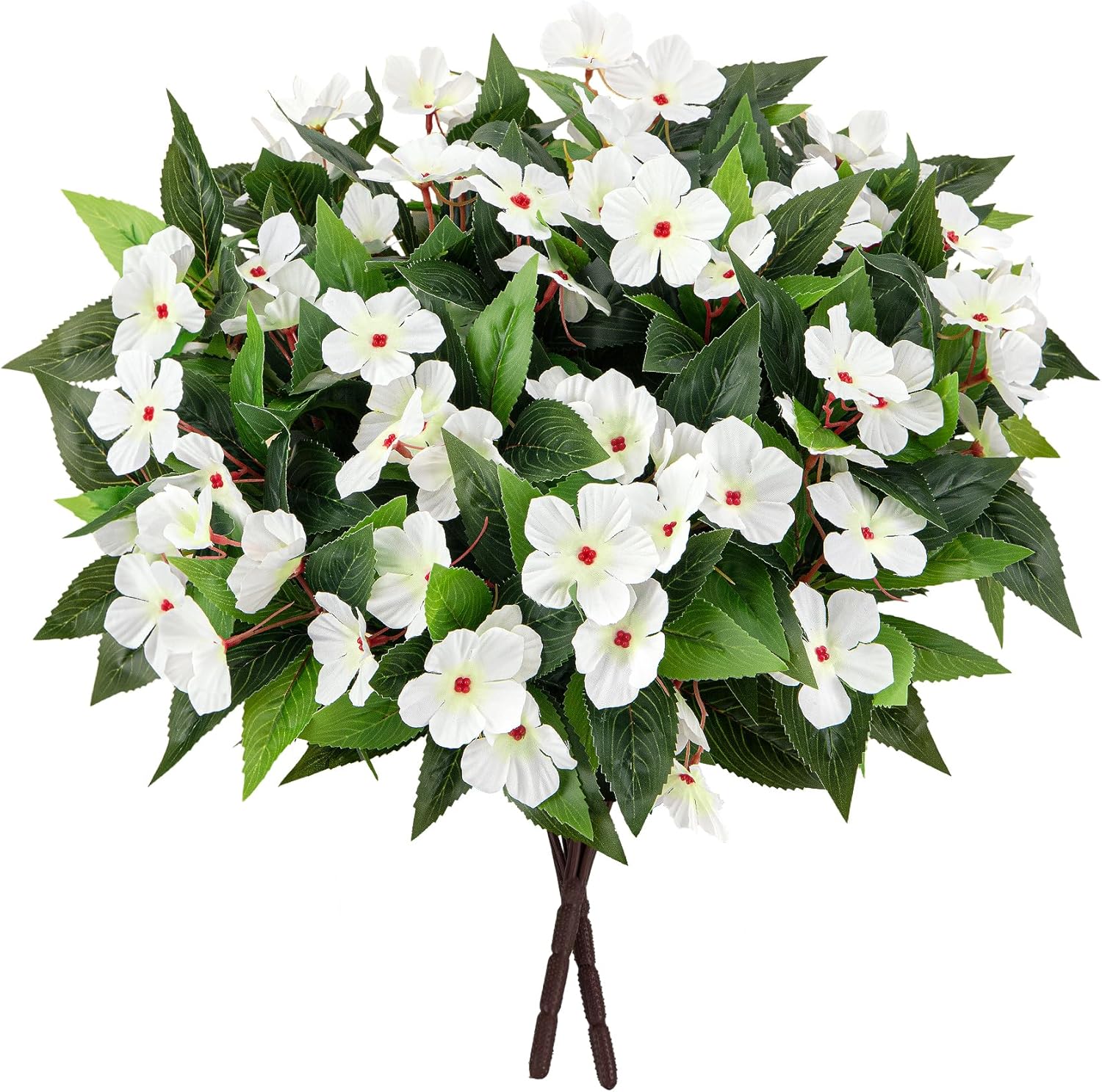 Roberly 6 Bundles Artificial Flowers for Outdoors, Faux Silk Catharanthus Roseus Flowers Bouquet Fake Greenery Plant for Spring Summer Garden Patio Porch Window Box Table Home Decor, White