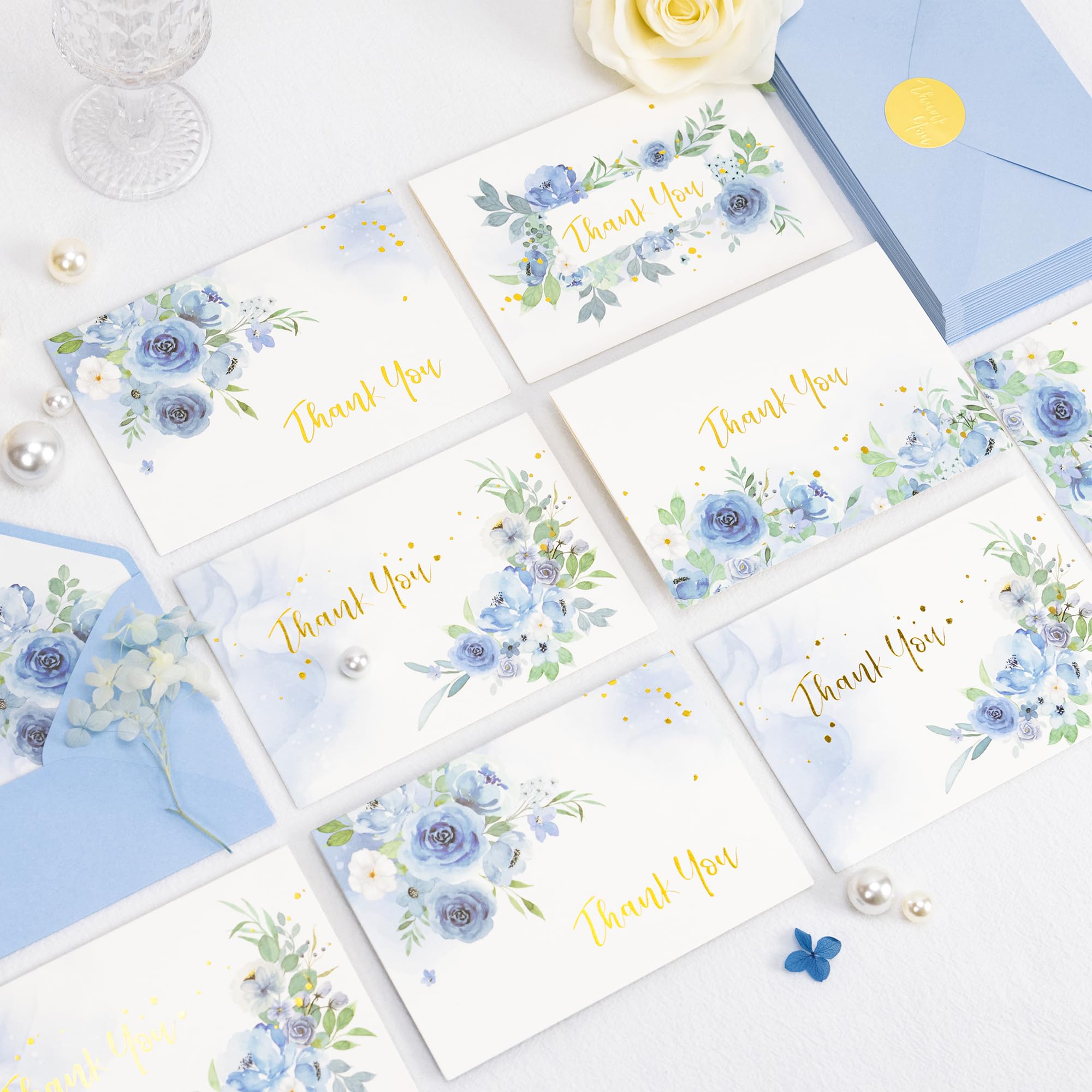 Crisky Tarjetas de agradecimiento, 4 surtidos, flores pintadas en acuarela (50 tarjetas con sobres para cumpleaños, baby shower, despedida de soltera, boda, todas las ocasiones)