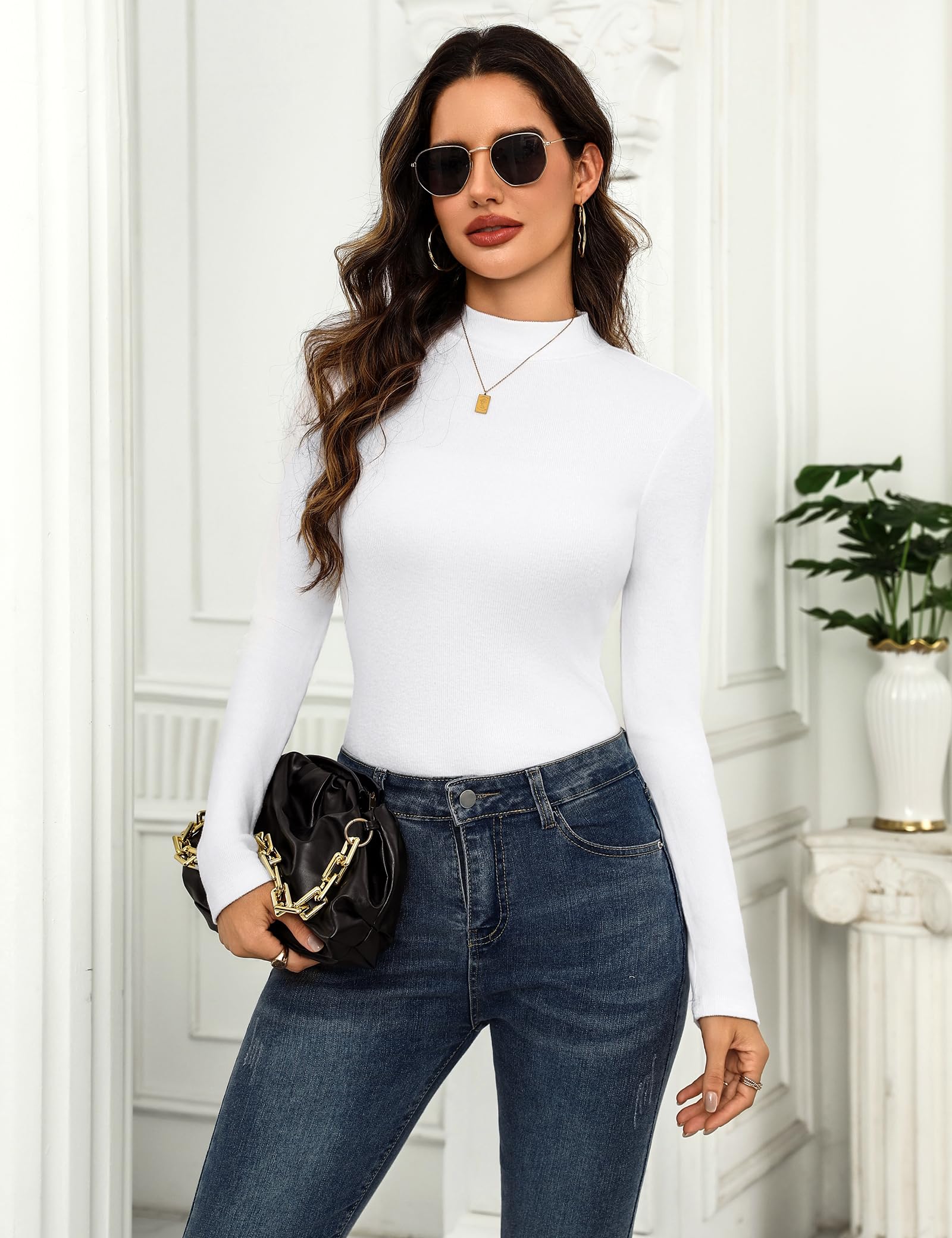 Aottori Maglia Donna con Collo Alto Cotone a Coste Tshirt Maniche Lunghe Slim Fit Maglietta Peluche Interna Termica Top Basic Bianca Primavera Autunno Inverno S-XXL