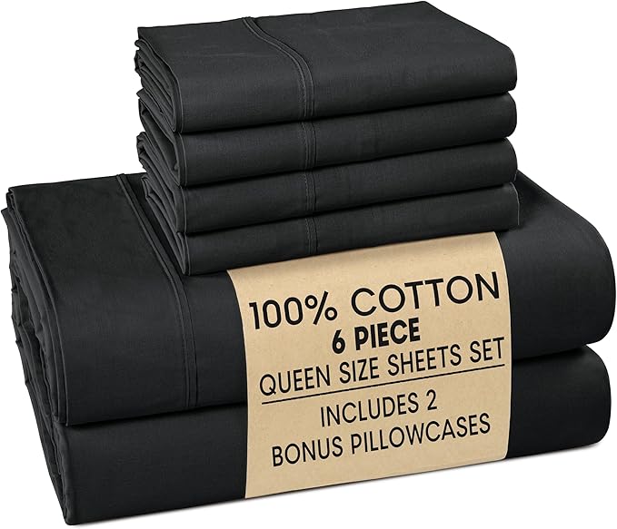 Casa Platino 100% Cotton Sheets Queen Size Set - 6 Pieces (1 Flat, 1 Fitted, 4 Pillowcases) - Soft & Breathable Percale Weave - Cooling Bed Sheets with Deep Pockets - Durable Queen Sheet Set - Black