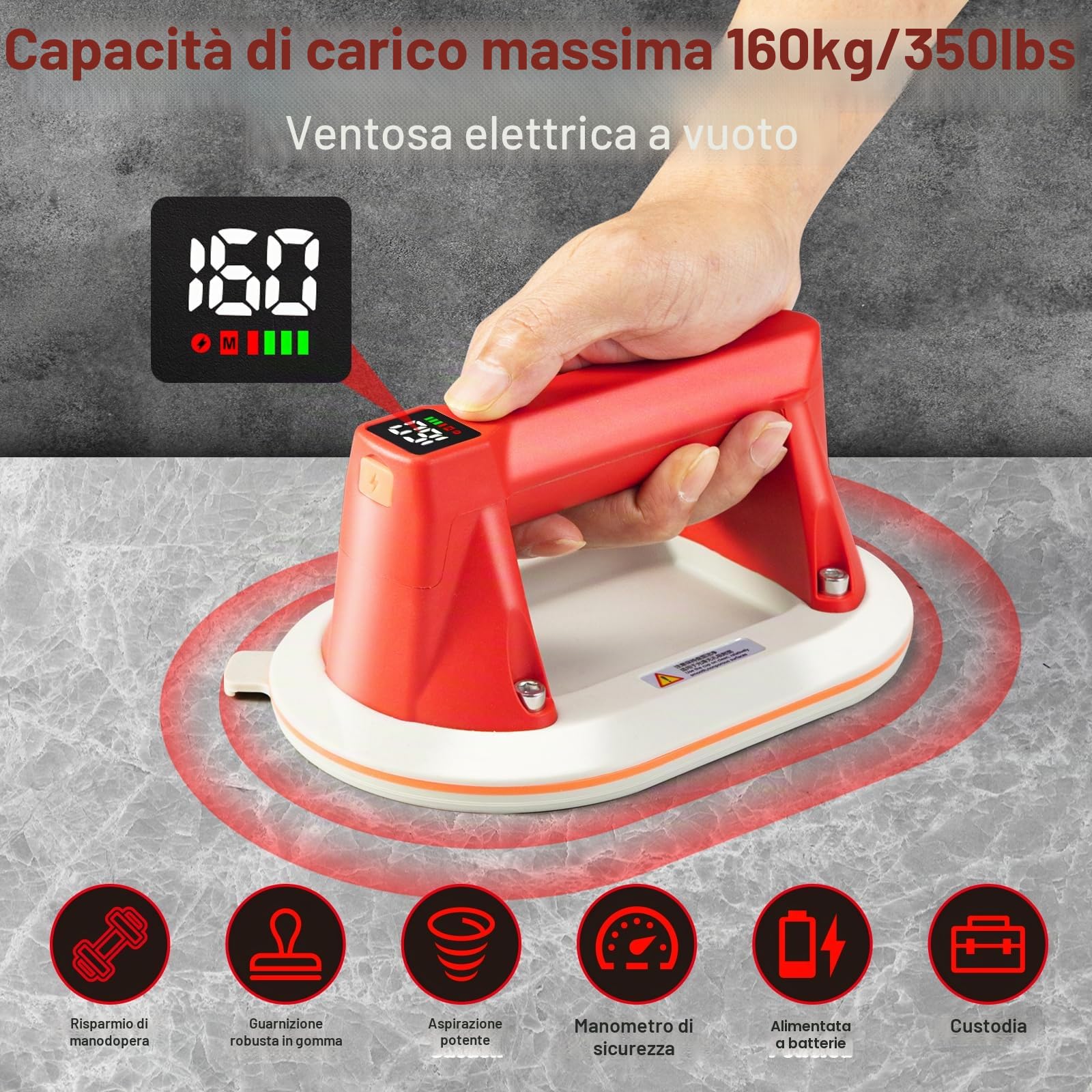 2 pezzi Ventosa Elettrica 160KG con Display LCD,Batteria Ricaricabile 1300mAh,Fino a 7 Ore di Autonomia, in Silicone,per Piastrelle, Vetro, Marmo-Sollevatore a Vuoto per Superfici Lisce