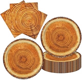 40pcs Camping Wood Grain Slice Party Supplies Rustic Camo Hunter Plates Disposable Napkins Plates Hunting for Forest Camping Woodland Baby Shower Lumberjack Birthday,Suitable for 20 Guests