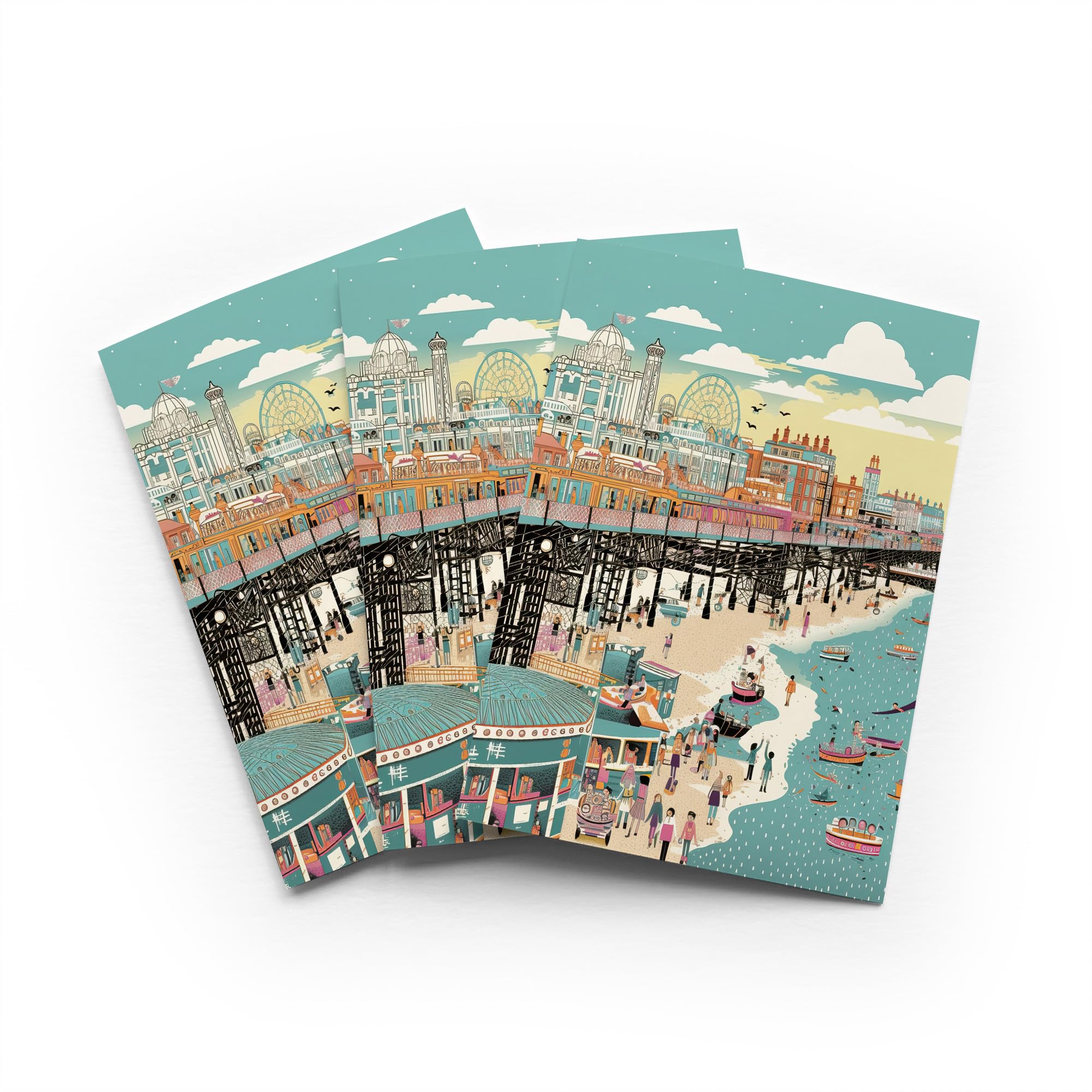 Brighton Beach Pier Greeting Card Summer Seaside Any Occasion Set of 3 Blank Inside 5x7 Inch 13x18 cm