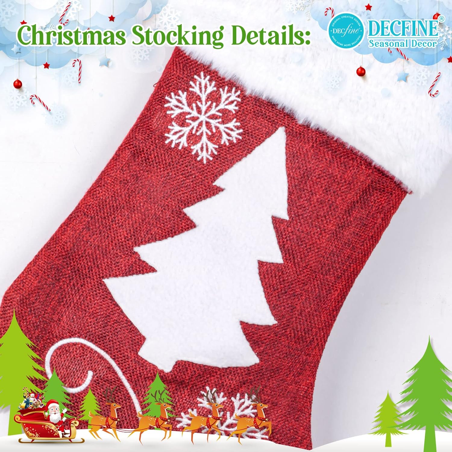 4 Pack Christmas Stockings Set, Christmas Stocking Soft Classic Red White Fireplace/Mantle Hanging for Family Holiday Xmas Party Decorations Snowflake Tree Deer Design(Set 4 Stocking 18 inch)