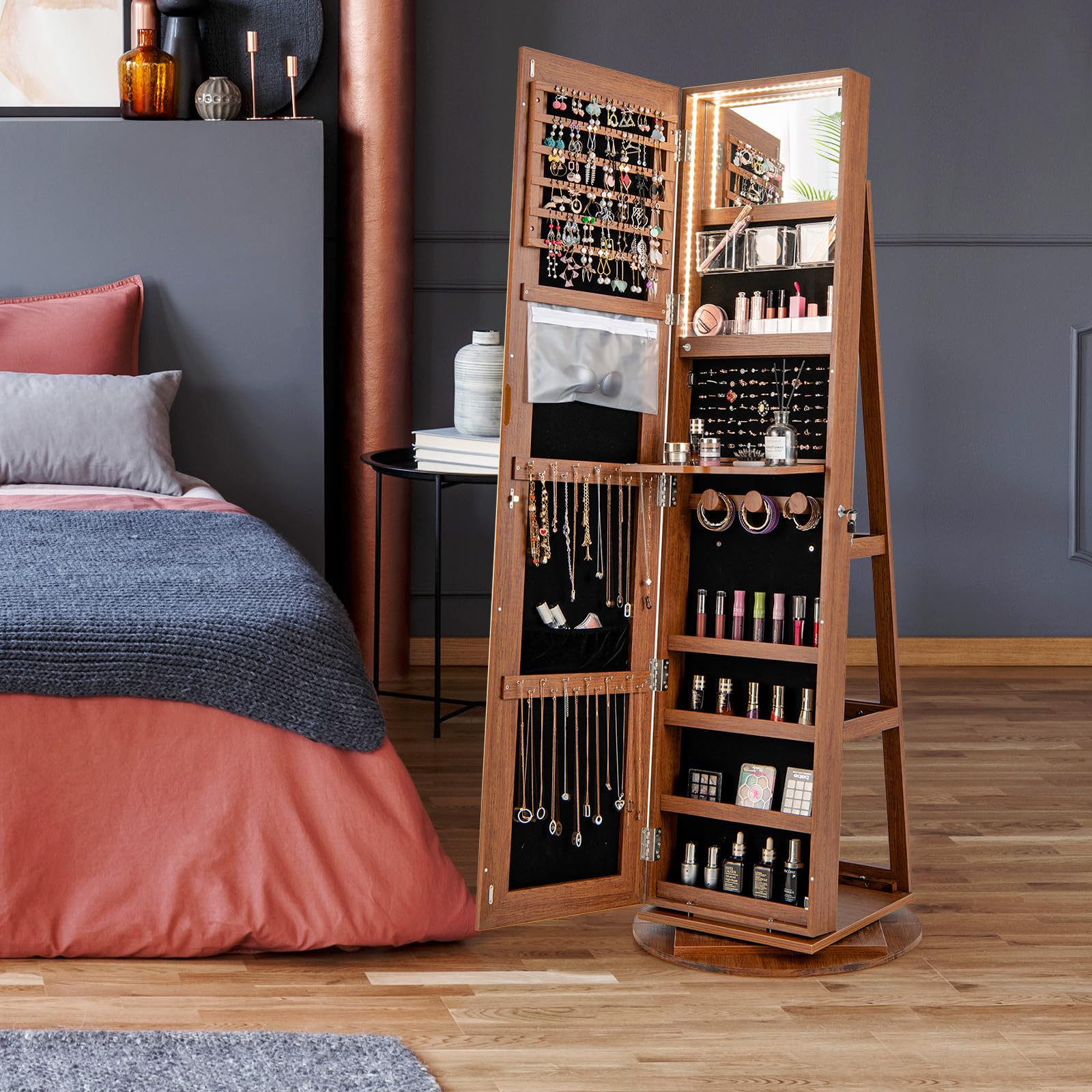 HOMASIS 3 in 1 Schmuckschrank mit Ganzkörperspiegel, 360 ° drehbarer Spiegel mit Schloss, Schmuckaufbewahrung mit LED-Lichtern, Make-up-Organizer mit Ablagen auf der Rückseite (Braun)