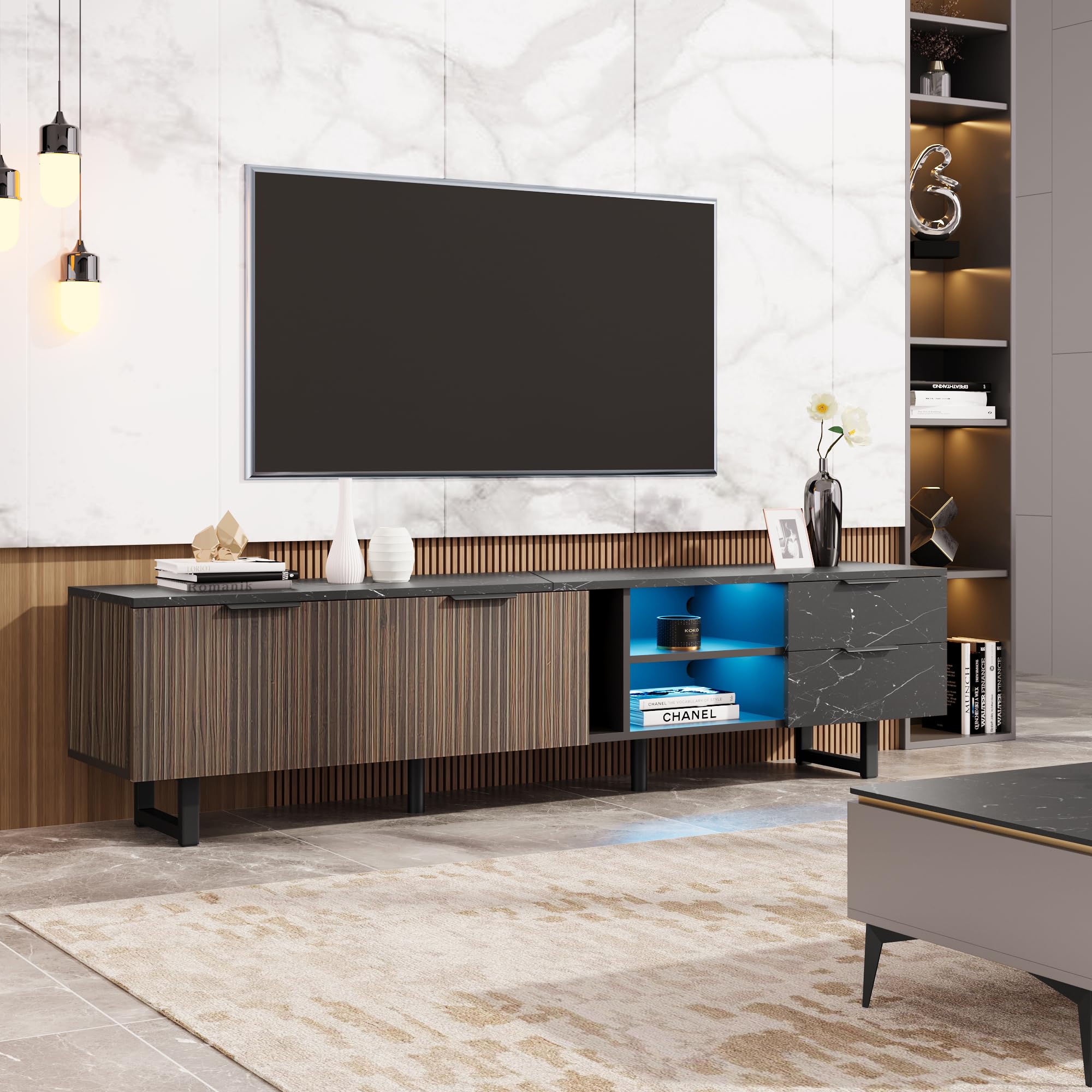 Azkoeesy Mobile TV 200 cm con luce a LED, con venature del legno scuro e effetto marmo, gambe in metallo, moderno mobile basso/mobile TV per soggiorno