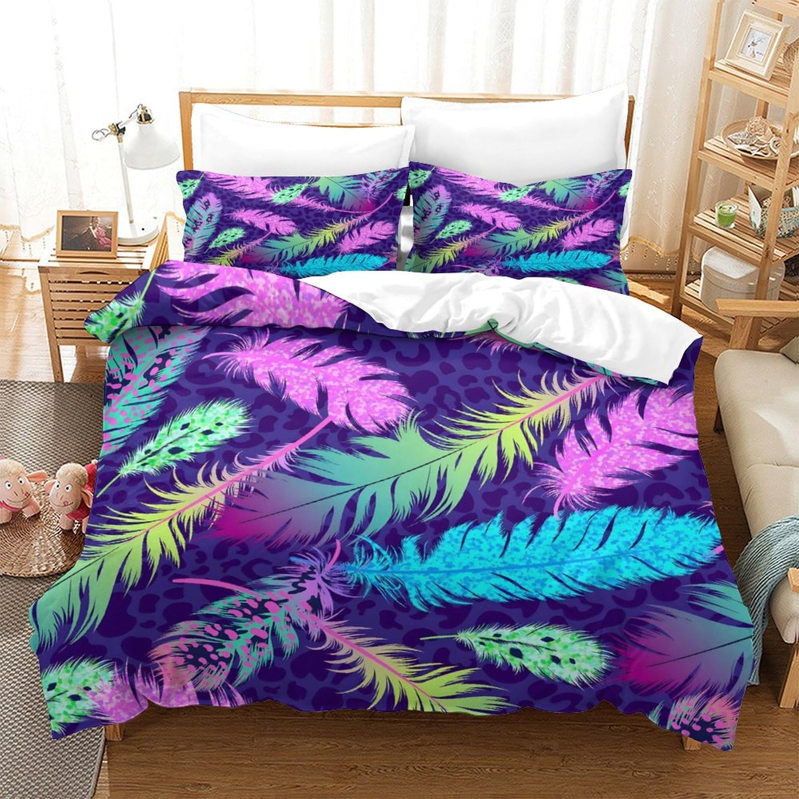 GDEKCIEAS Boho Colorful Bird Feathers 3 Pieces Bedding Set,Duvet Cover,Comforter Cover,Soft Microfiber Quilt Cover for Boys,Girls,Teens Breathable Ultra Soft,Zipper Closure,Decor Double（200x200cm）