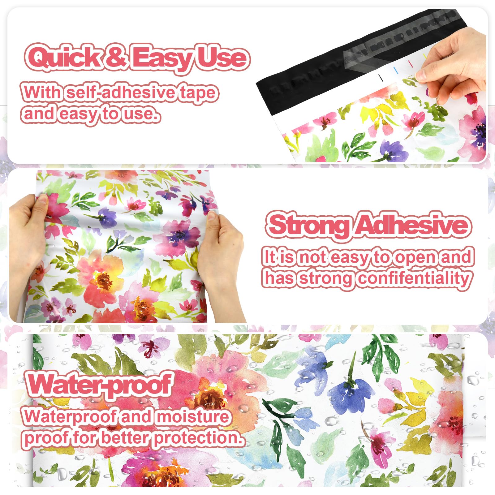 100 Pcs Floral Poly Mailers 10x13 Inch - Watercolor Flower Self Seal Mailing Bags For Small Business & Gifts