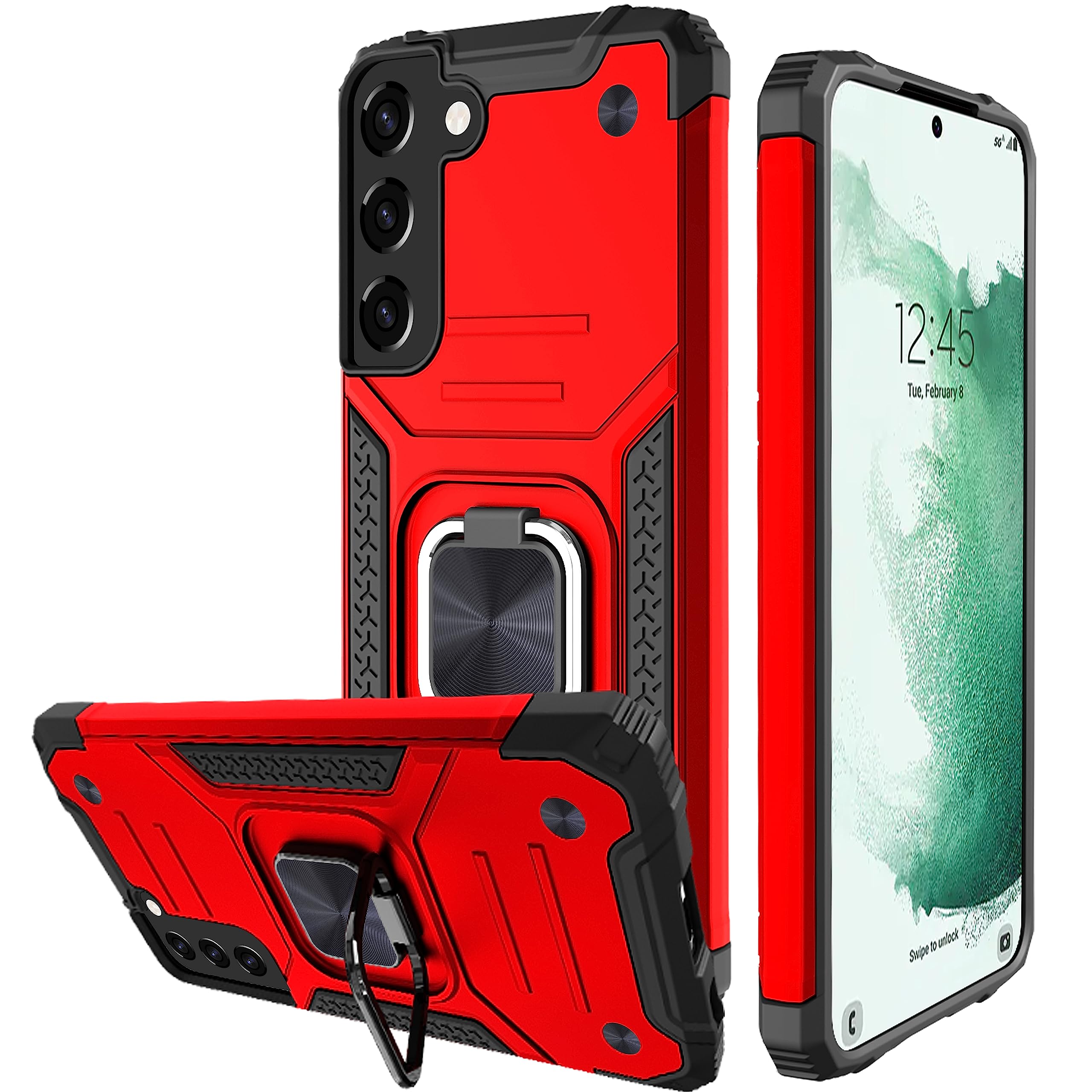 Honeyview ShockProof Case for Samsung Galaxy S22 with Screen Protector and Ring Kickstand, Compatible with Magnetic Car Mount Holder, Bumper Armour Phone Cover for Samsung Galaxy S22 5G - Red