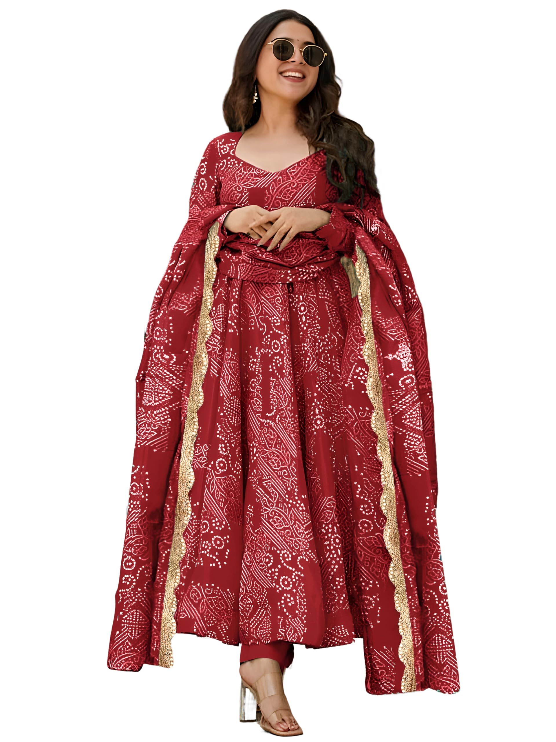 Pinkmint Women's Bandhani Print Flared Anarkali Muslin Kurta Set with Pant & Stylish Dupatta Ethnic Long Sleeve Dress Suit Set