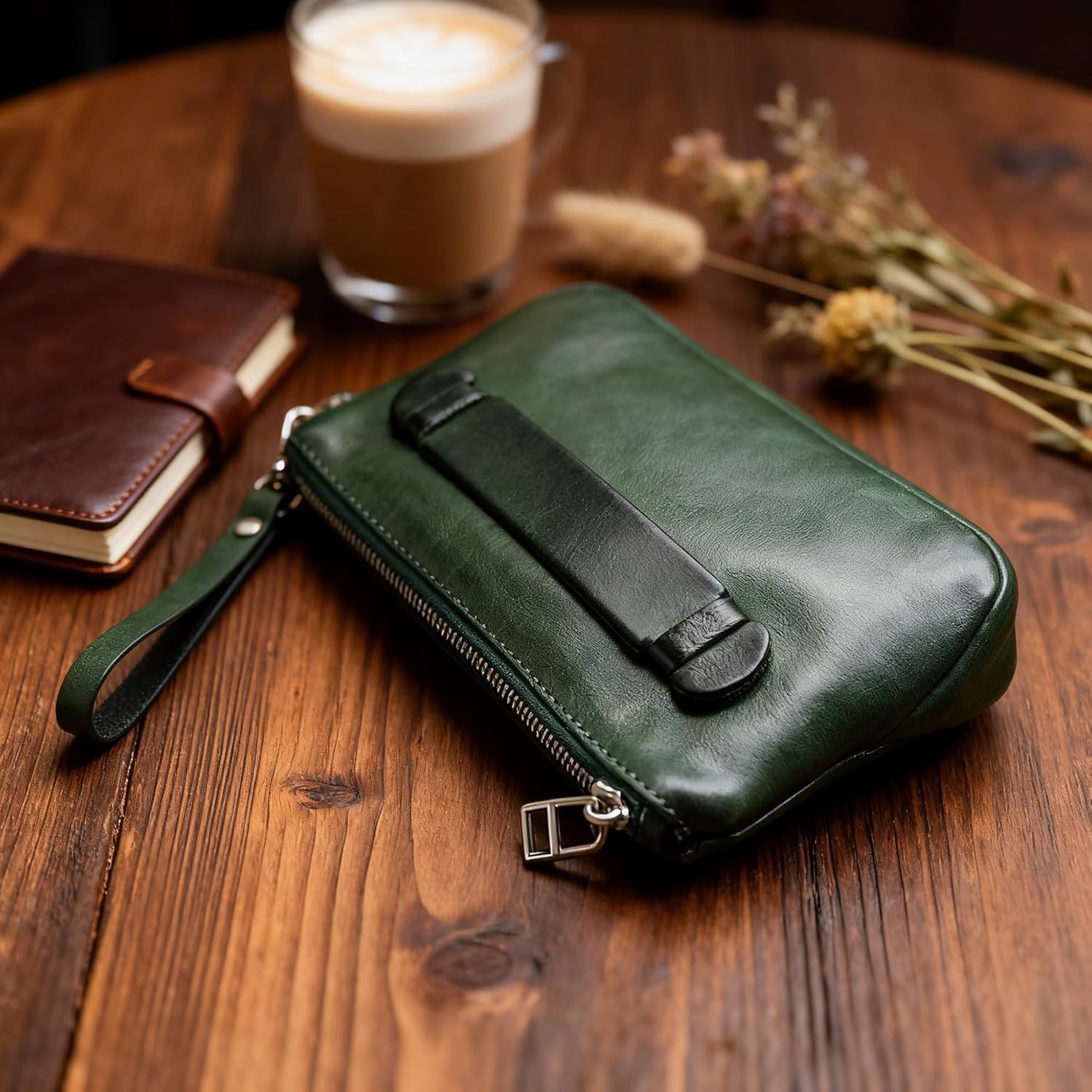 IJUN Handmade Vintage Wristlet Purse for Women Clutch- Full Grain Vegetable Tanned Cowhide Leather