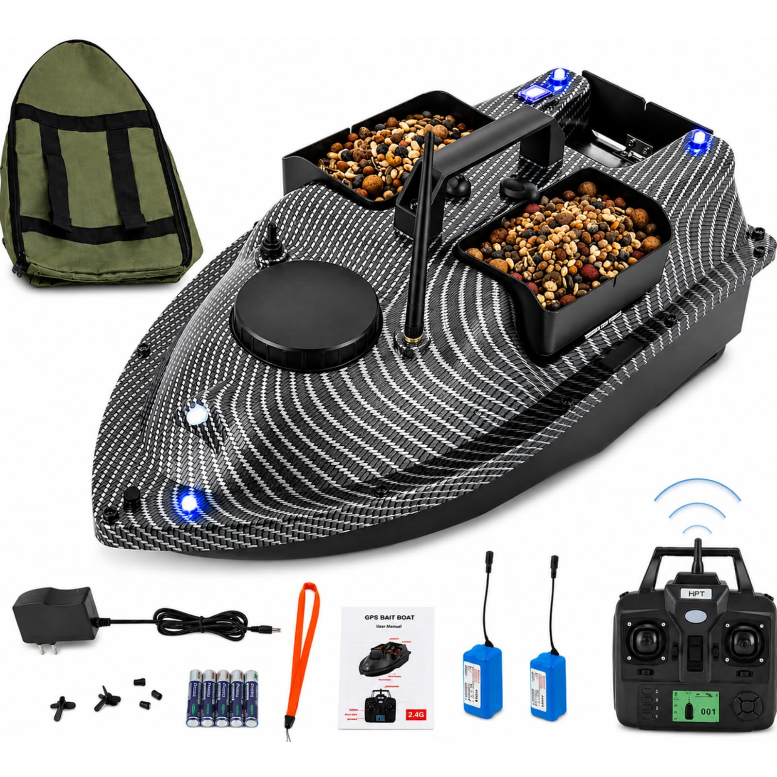 Angeln Futterboot mit GPS 500M RC Köderboot mit 3 Köderboxen | aus ABS | 16 Positionierungspunkte | LED Nachtlichtern | 2 x 5200mAh Batterie | Fernbedienung Angeln für Flüssen, Seen