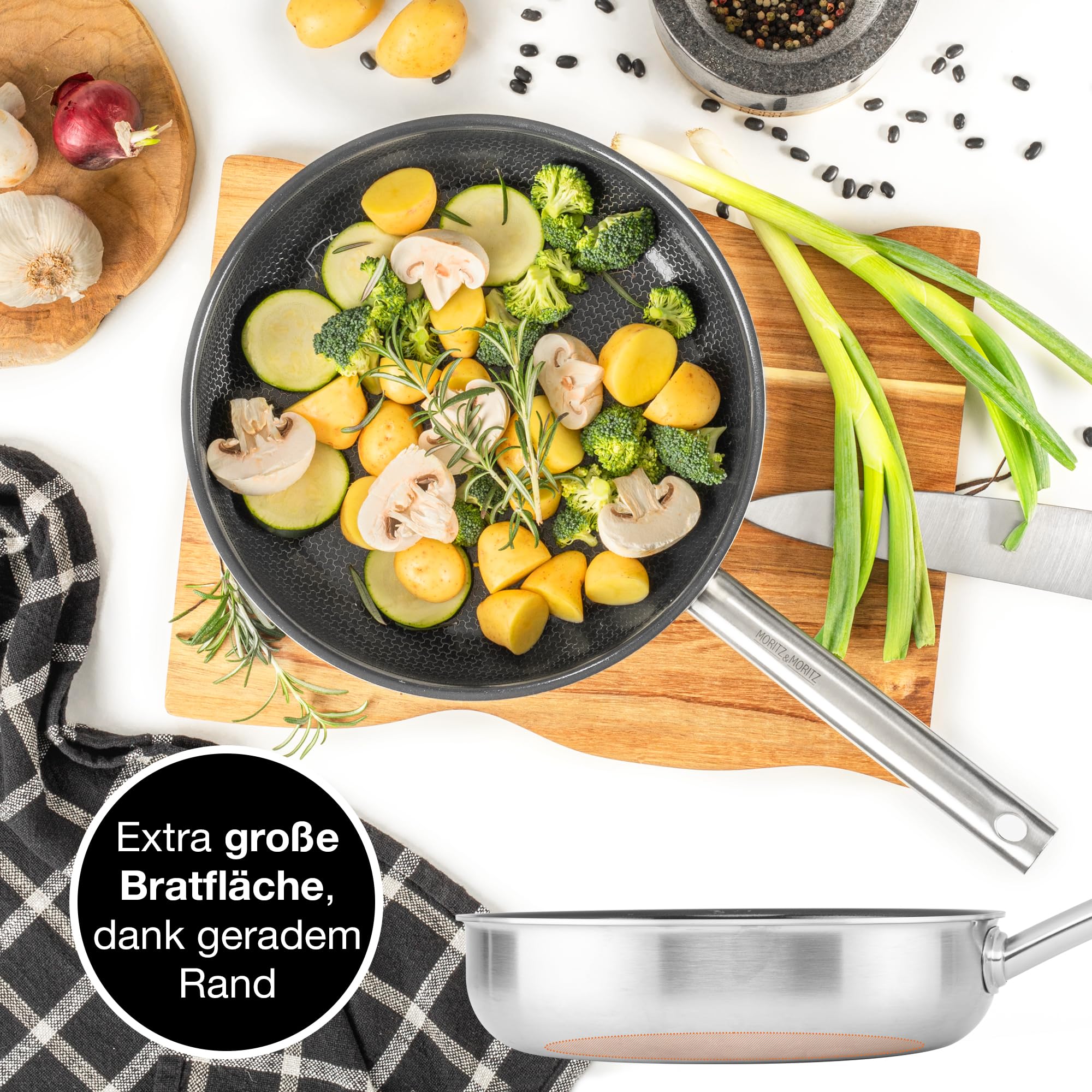 Moritz & Moritz Antihaft Pfanne 28 cm Induktion - Bratpfanne 28cm mit Keramikbeschichtung & Wabenstruktur - Edelstahlpfanne mit hohem Rand - Ideal für alle Herdarten & zum Kochen, Braten, Schmoren