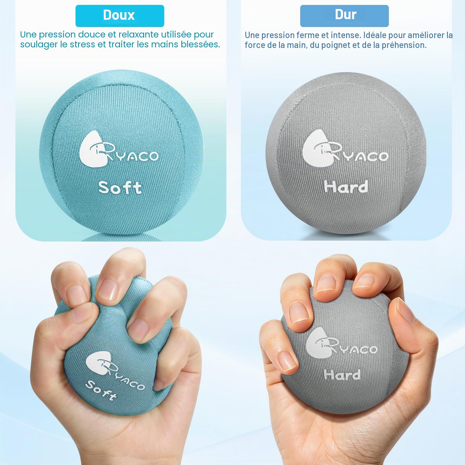 Ryaco 2PCS Ensemble de Boules Anti-Stress en Gel pour Exercices à la Main, Balles en Gel Souples et dures Ensemble de 2 pour Adultes - Soulagement de l'anxiété, entraînement de résistance