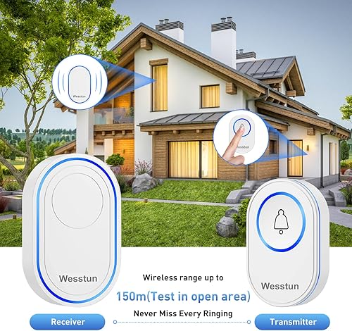 Miniatura 5 de Timbre inalámbrico, impermeable IP67, con 39 campanillas, 5 niveles de ajuste de volumen e indicador LED, fácil de instalar en casa, aula y almacén,