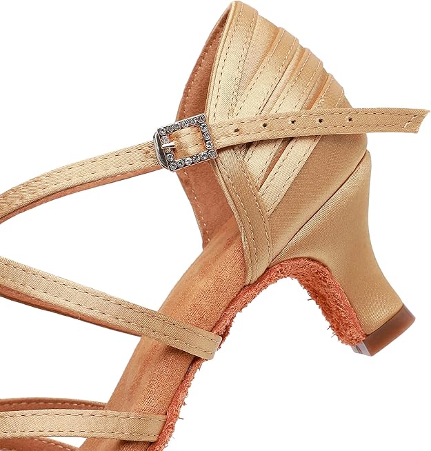 Latin Salsa Dames Dansschoenen in Licht goud glitter satijn met een 7 cm hak - Dames latin- en salsaschoenen