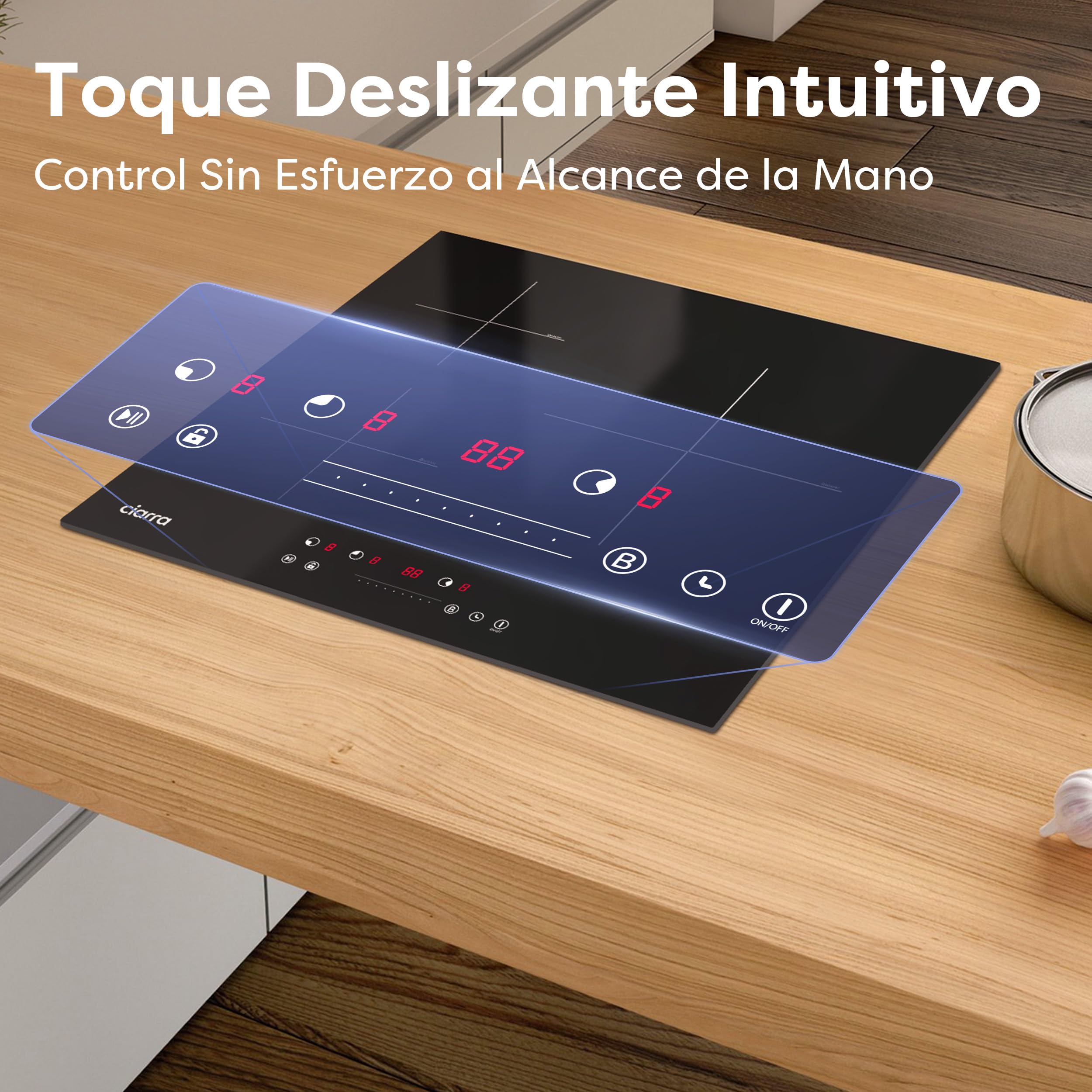 Ciarra Placa Induccion 3 Zonas 60cm Limitación de Potencia 2.8/3.6/6.6kW | Boost, Función Pausa, Bloqueo Infantil, Detector de Recipientes, Calor Residual, Apagado Automático