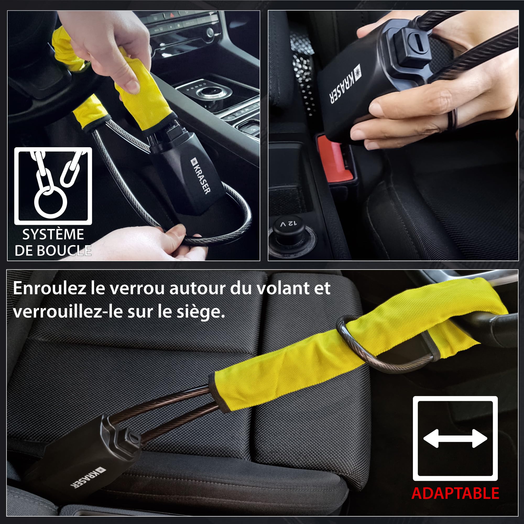 KRASER KR882Y Antivol Voiture Amélioré, Bloque Volant Ceinture, Robuste et Visible, Serrure avec Disque Antiperçage, Câble en Acier Plus Flexible, Anti vol Auto Universele, SUV, Camping Car, Fourgon