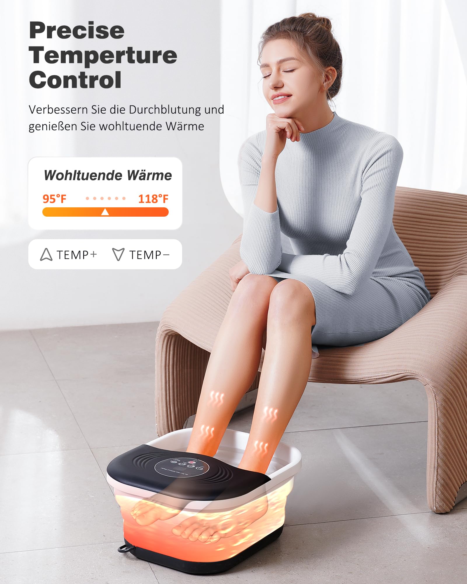 Baño de pies con masaje, función de calentamiento preciso y temporizador: baño de pies plegable con gorgoteo y piedra pómez, masajeador de pies con agua y 8 rodillos de masaje, ideal como regalo
