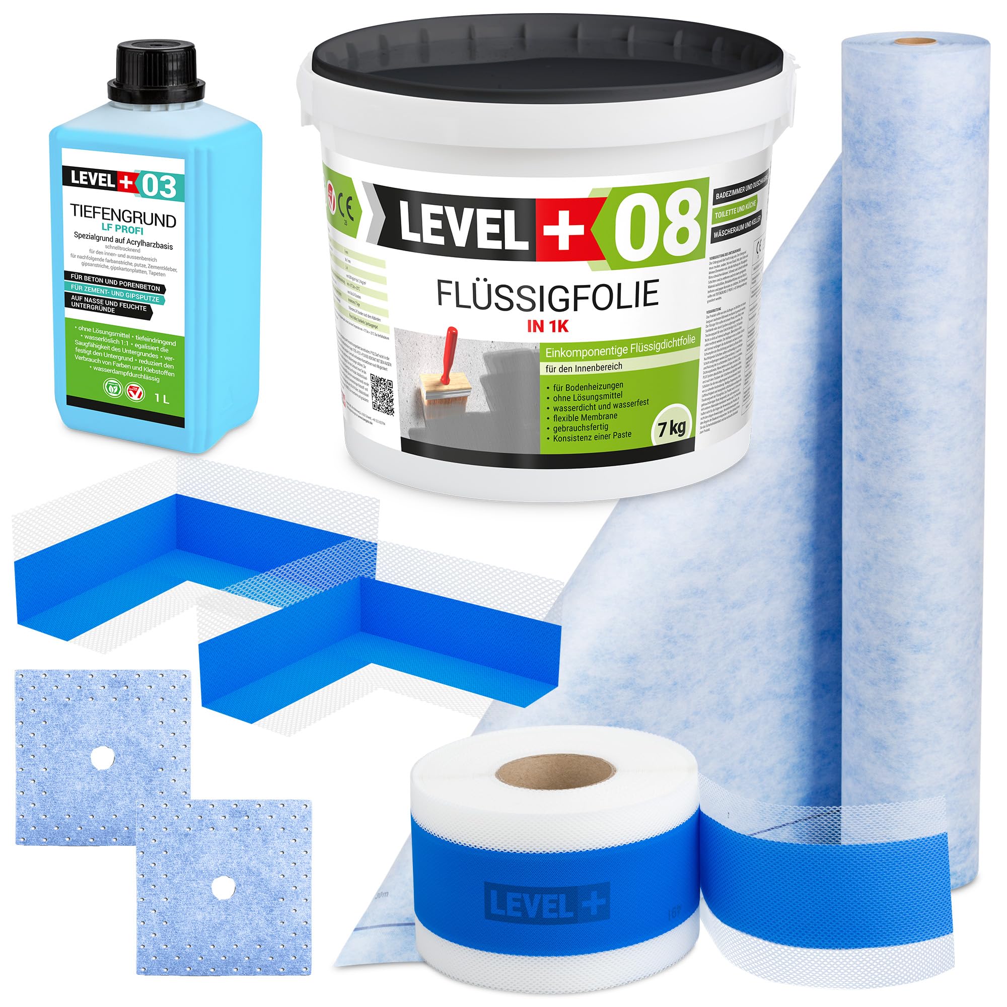 Dichtset, Abdichtungsmatte 5m2, Flüssigfolie 7Kg, Dichtecken, Wandmanschetten, Dichtband, Tiefengrund, Abdichtungsset Dusche Bad SET360