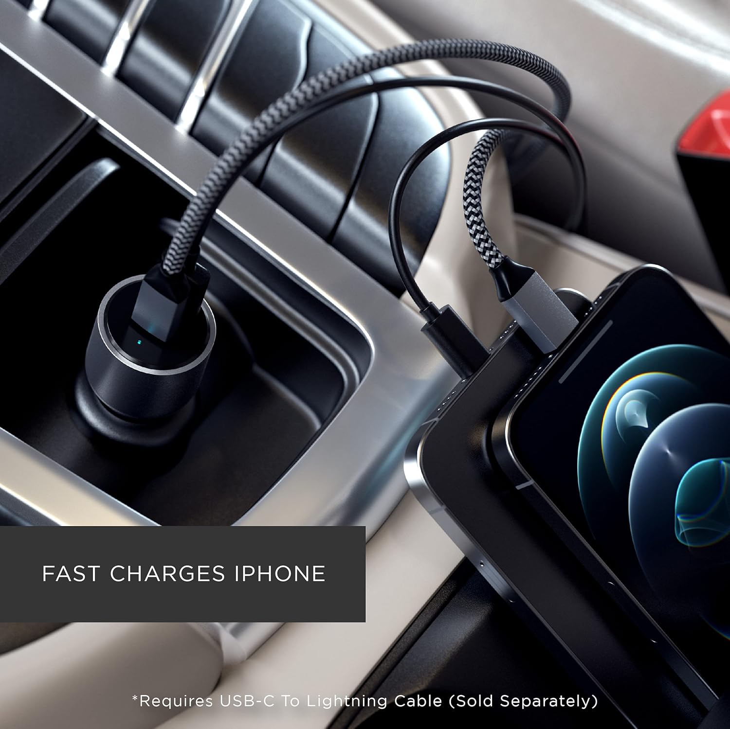 Satechi 40W Dual USB-C PD Car Charger charging an iPhone in a car.