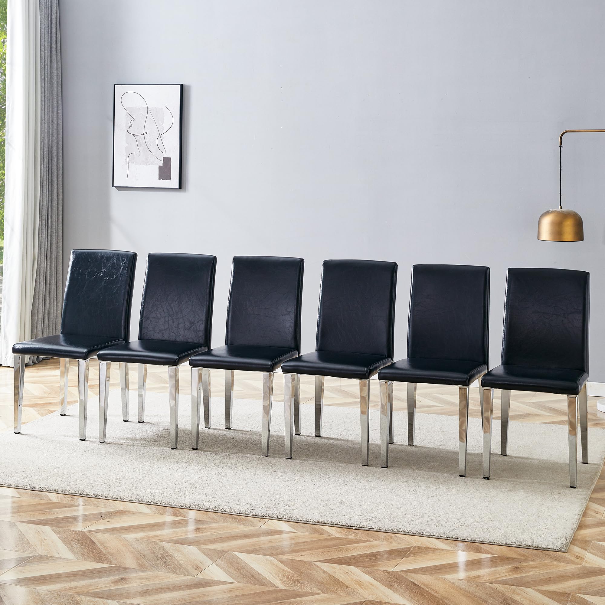 JUFU Modern Dining Chairs Set of 6, Black PU Leather Parsons Dining Chairs, Upholstered Dining Room Chairs with Silver Metal Legs, Armless High Back