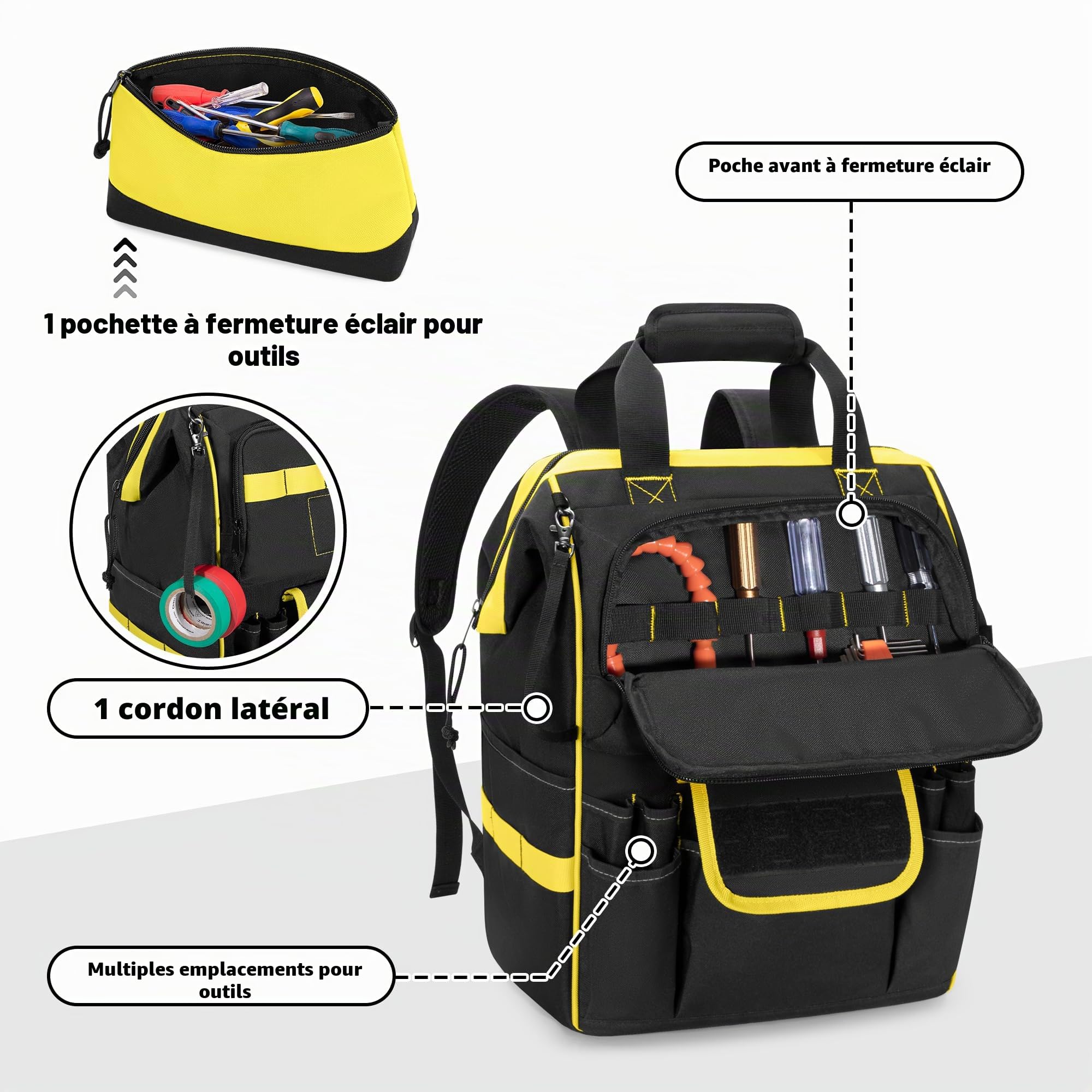 Rexmica Sac à Dos Outils avec Pochette Zippée/Zone D'attraction Magnétique | Sac de Outils Robuste avec Ouverture à Cadre Métallique, Sacoche Tactique pour Électriciens, Réparateurs et Techniciens