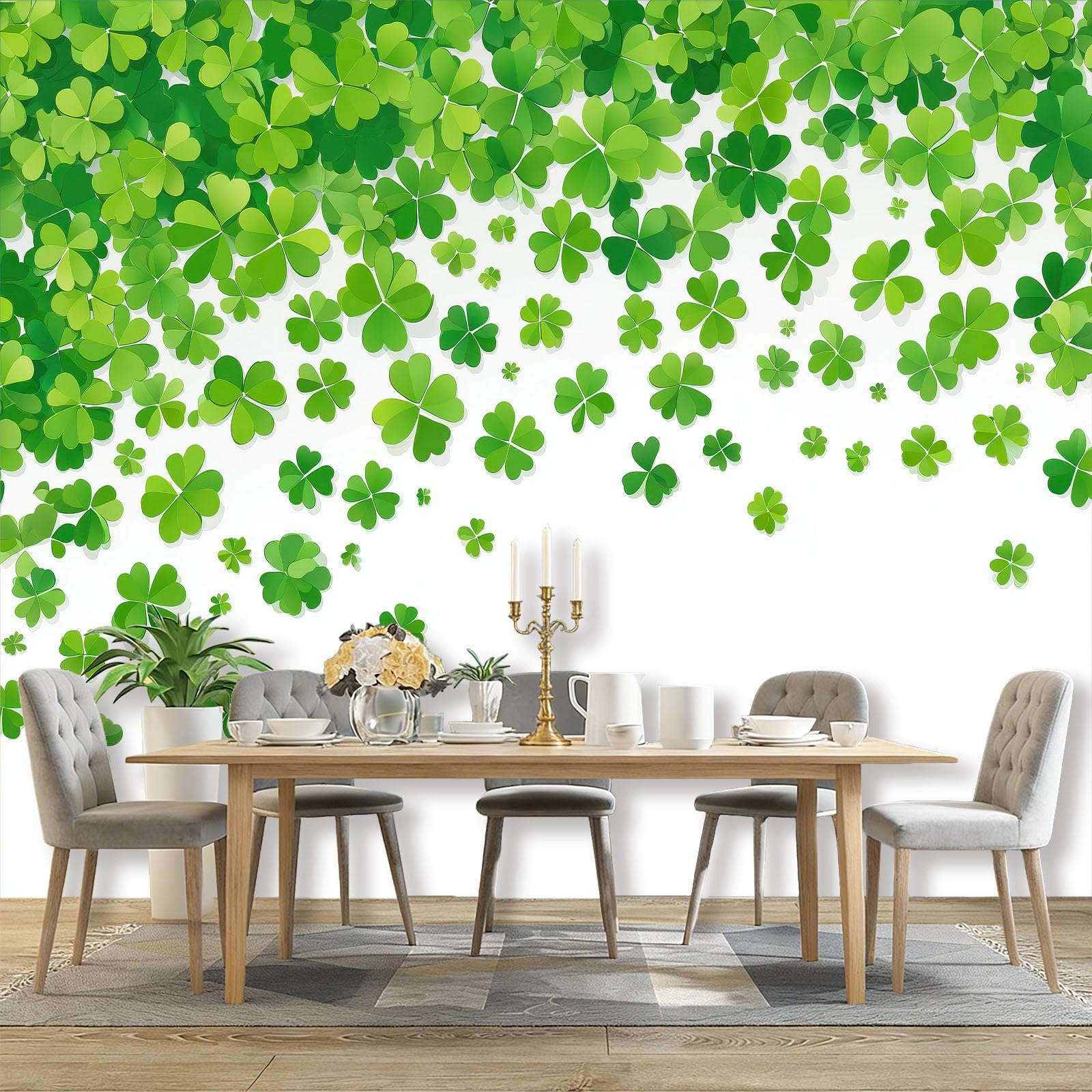 Tapeta fototapeta 250 x 175 cm – zielono-biała fototapeta z włókniny, tapeta ścienna, odporna na promieniowanie UV, dekoracja ścienna, elegancka koniczynka, gradient kolorów, bordiura, tapeta do