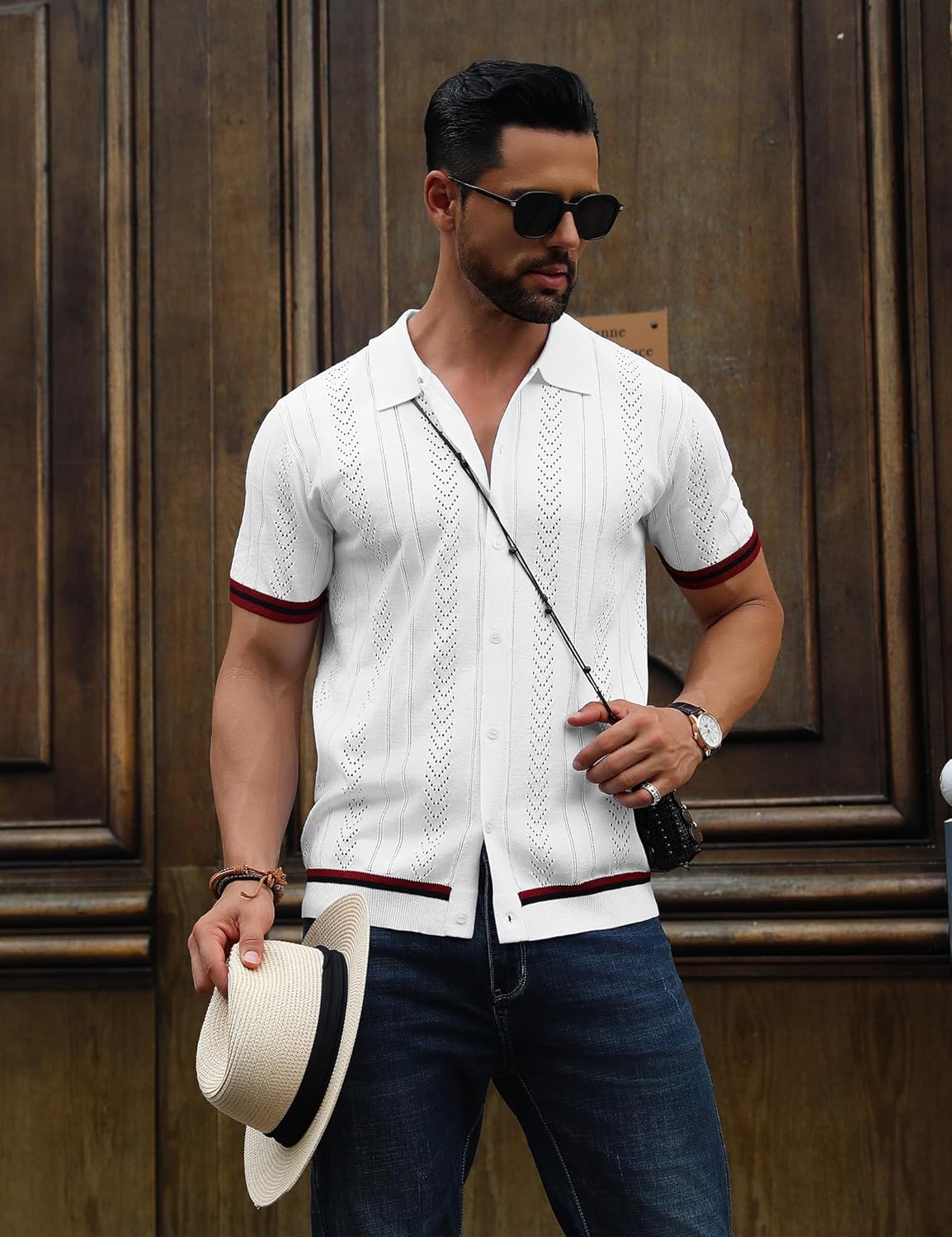 URRU Men's Knit Short Sleeve Shirts Button Down Vintage Knitted Polo Shirt Casual Summer Beach Vacation Textured Shirt - Image 3