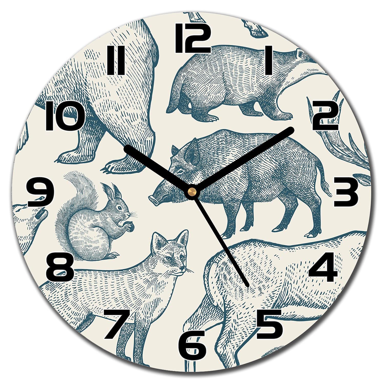 Horloge murale cuisine et salon avec motif animaux de la forêt