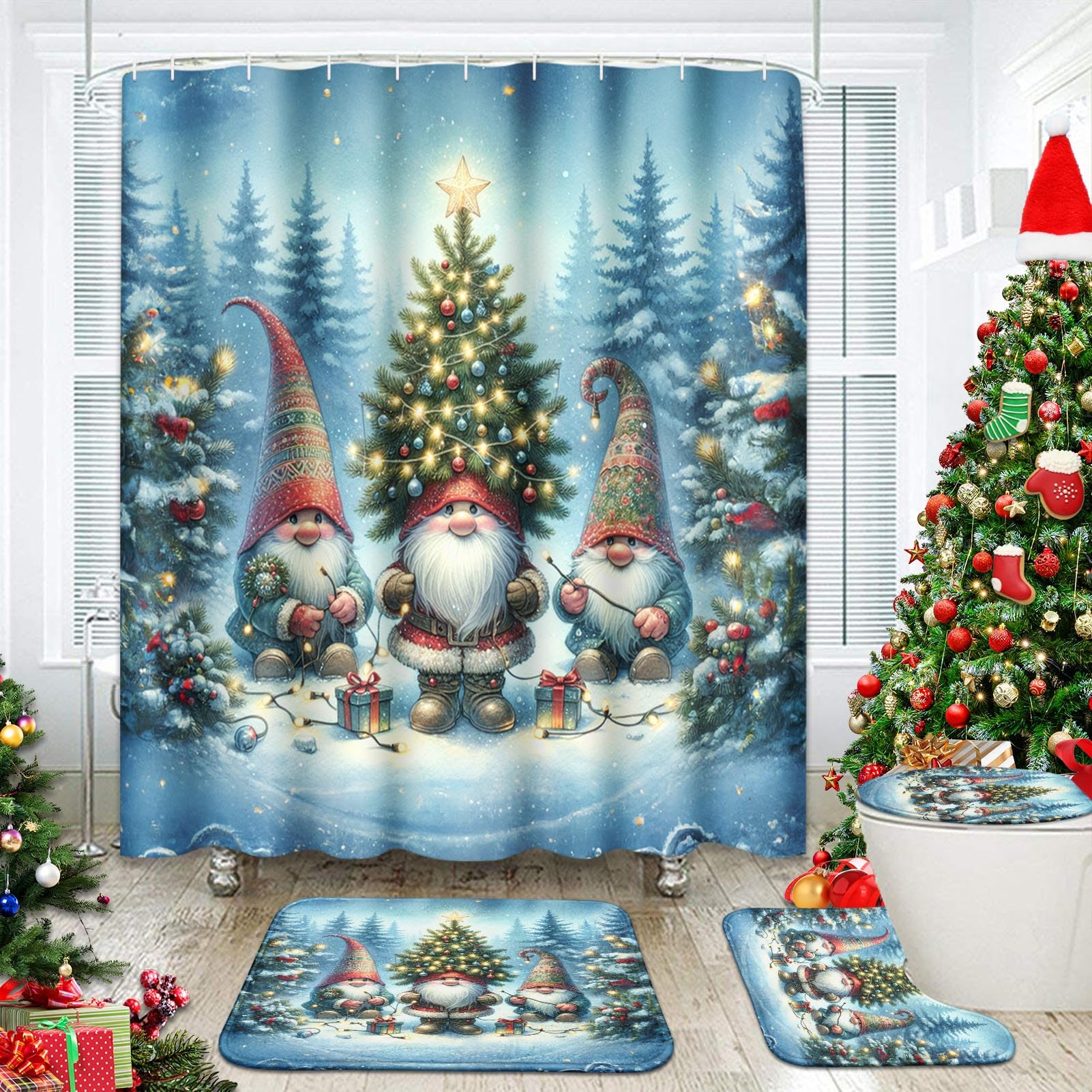 Cortinas de baño de Navidad con alfombra de ducha antideslizante y accesorios