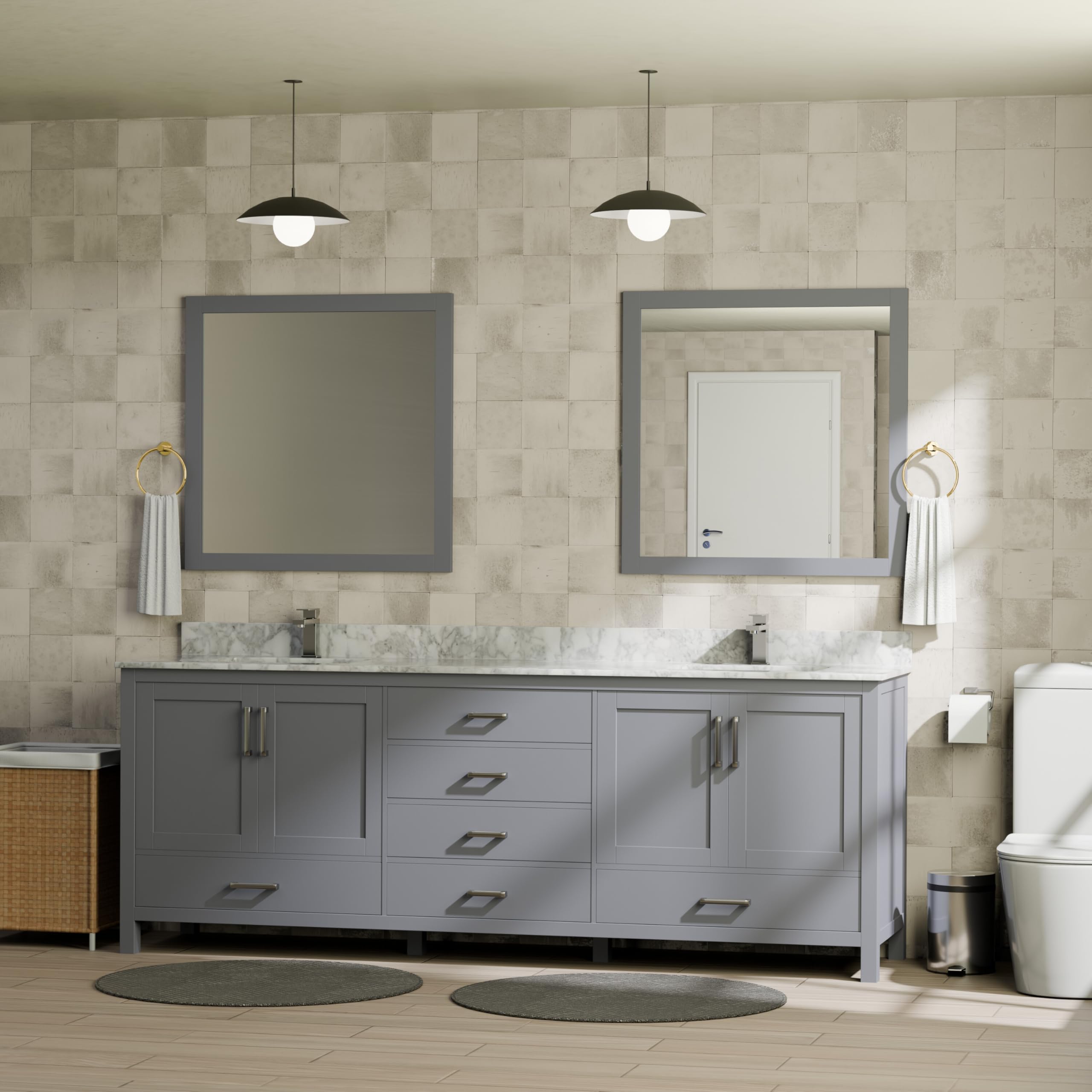 Big Sur 80 in. W x 22 in. D Dark Grey Double Bath Vanity, Carrara Marble Top, Faucet Set and 30 in. Mirrors