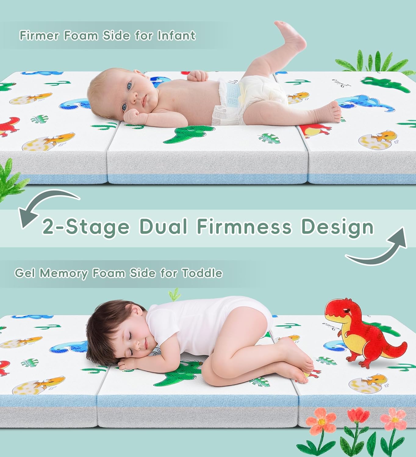 Trifold Pack and Play Mattress Portable Pack N Play Mattresses with Washable Cover Waterproof Travel Crib Mattress for Baby and Toddler Dinosaur Pattern - 38" x 26"