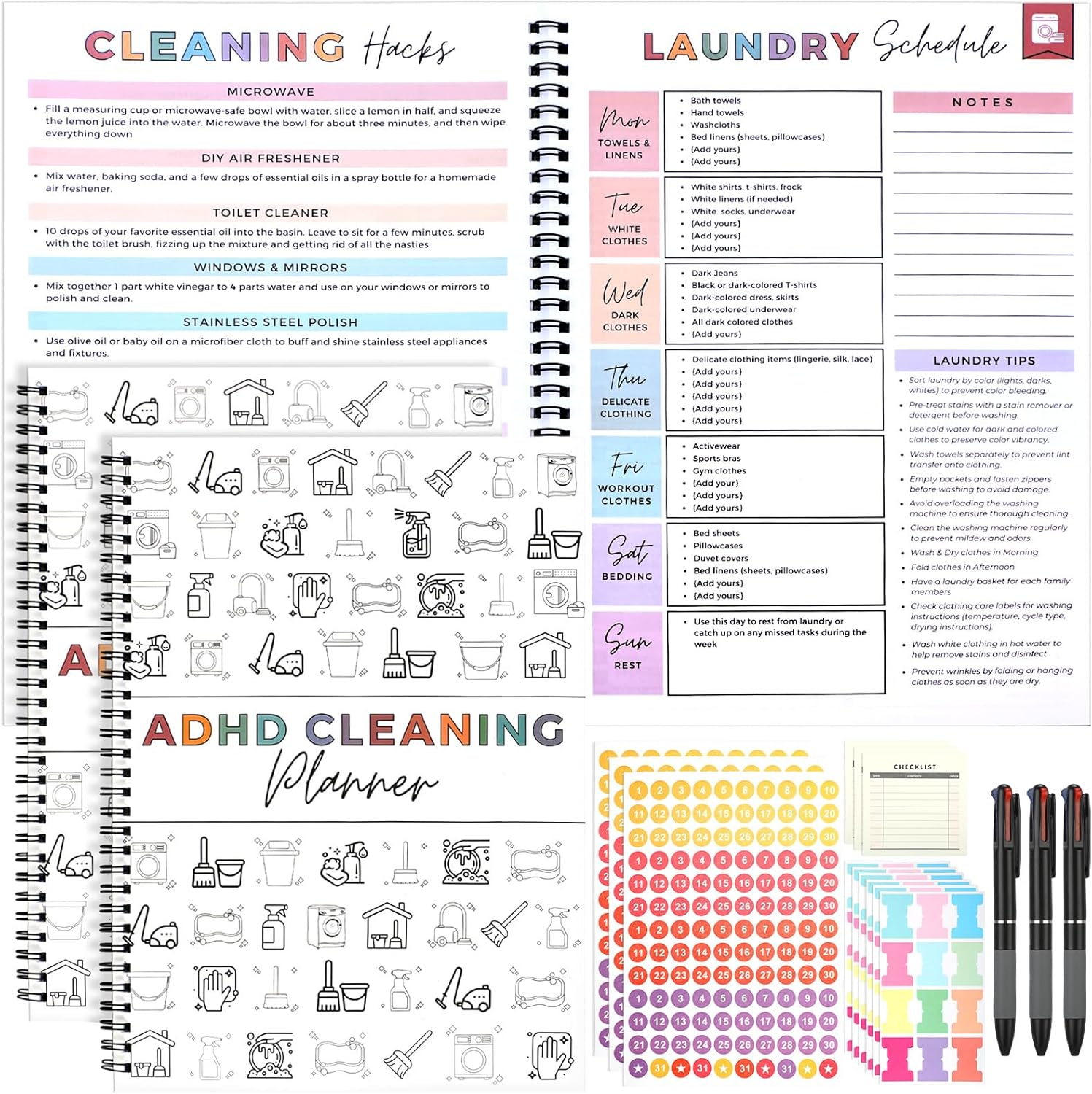 AmazingSpark 3 Pack Planner Set, Cleaning Schedule and Checklist Organizer Notebook Daily Weekly Monthly House Planner with Pens Labels Stickers, Chore Chart Notebook for Home, DIY Home