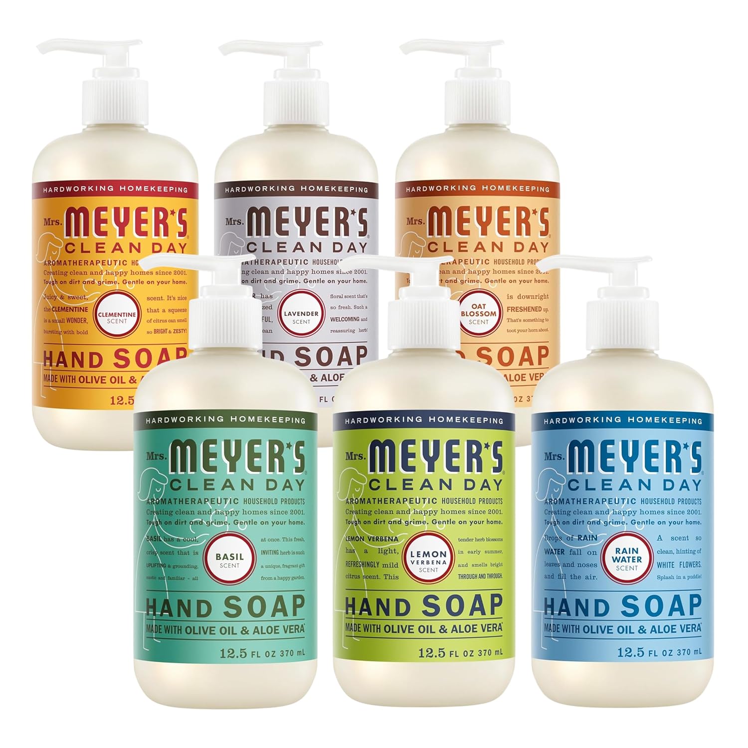 Mrs. MEYER'S Clean Day Liquid Hand Soap 6 Pack Variety Pack, Clementine, Basil, Lavender, Rain Water, Oat Blossom, Lemon Verbena, 12.5 OZ Each, 1 CT