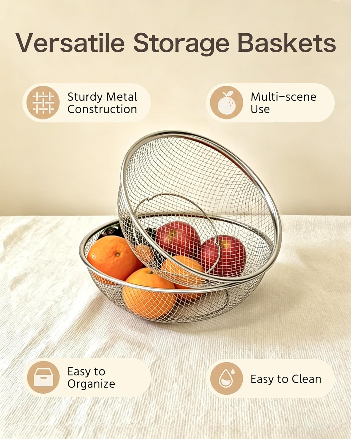 2 Set Wire Mesh Fruit Basket, Round Fruit Bowl for Kitchen Counter, Large & Small Metal Bread Baskets for Key Vegetable, Snack & Produce Storage, Stackable Countertop Organizer