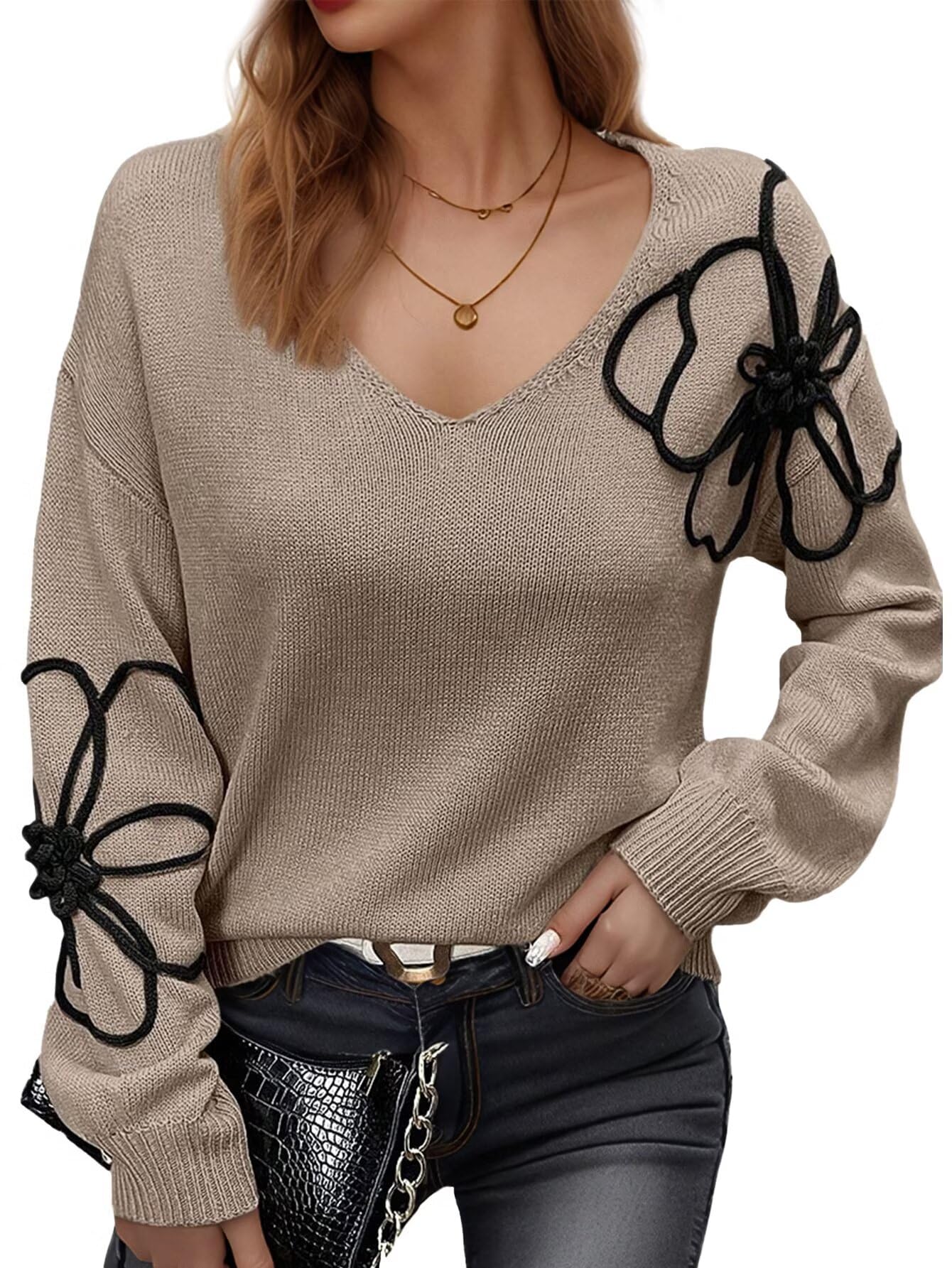 Flamingals Casual Drop Shoulder Long Sleeve V-Neck Floral Applique Pullover Sweater Tops for Women