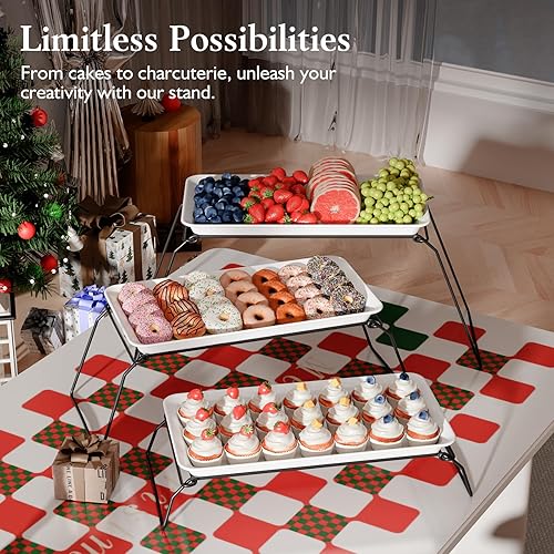 Miniatura 6 de Juego de bandejas de melamina extra grandes de 3 niveles y soporte para cupcakes para eventos de fiesta, platos de 17 pulgadas con soporte