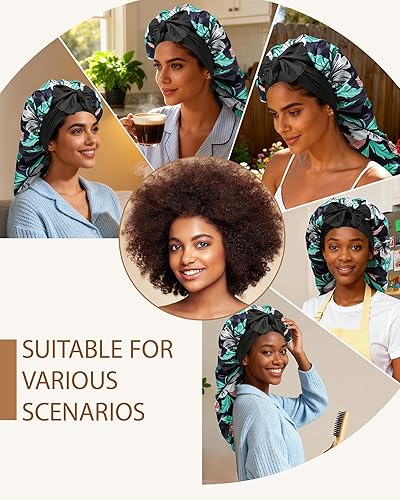 Miniatura 6 de AWAYTR Gorro largo de satén para trenzas, gorro elástico de seda para dormir, banda de amarre elástica para mujeres (flor D)