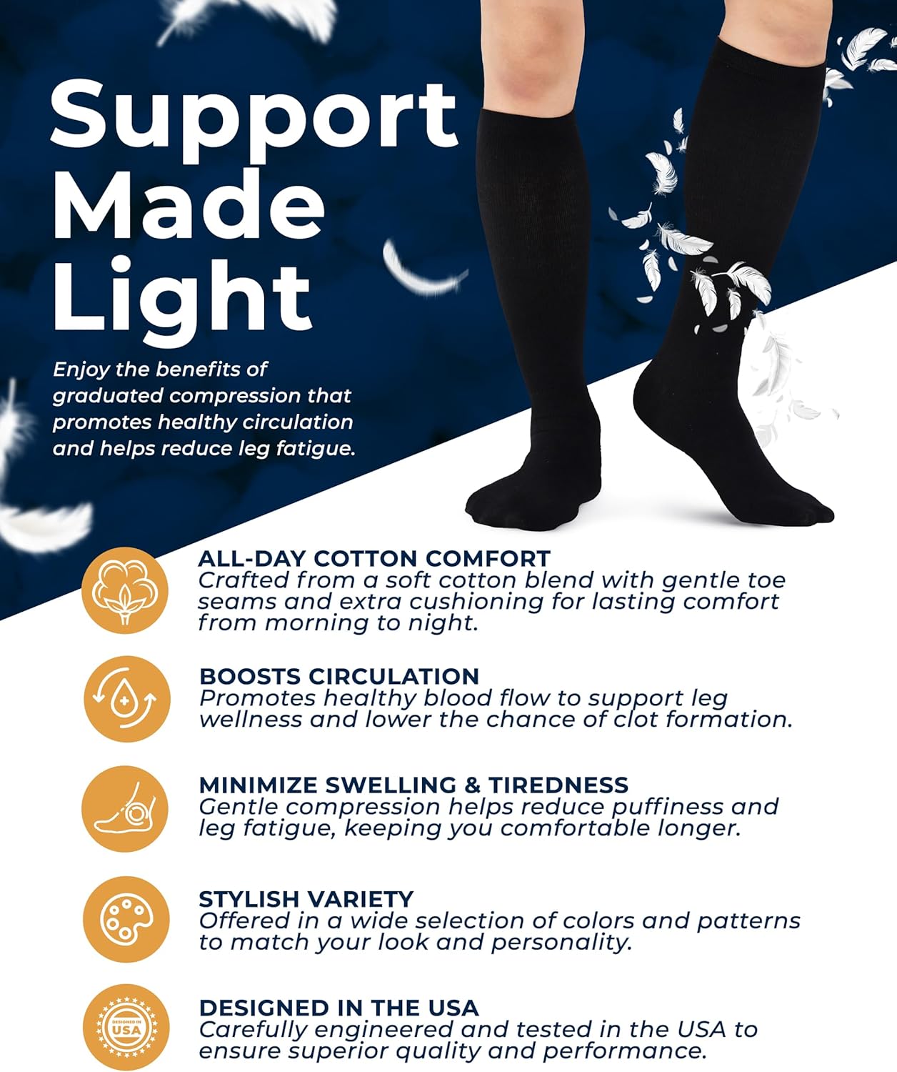 Pembrook Light Cotton Compression Socks for Men & Women - 3 Pairs | 8-15 mmHg Light Compression Socks for Men, Comfort and Support