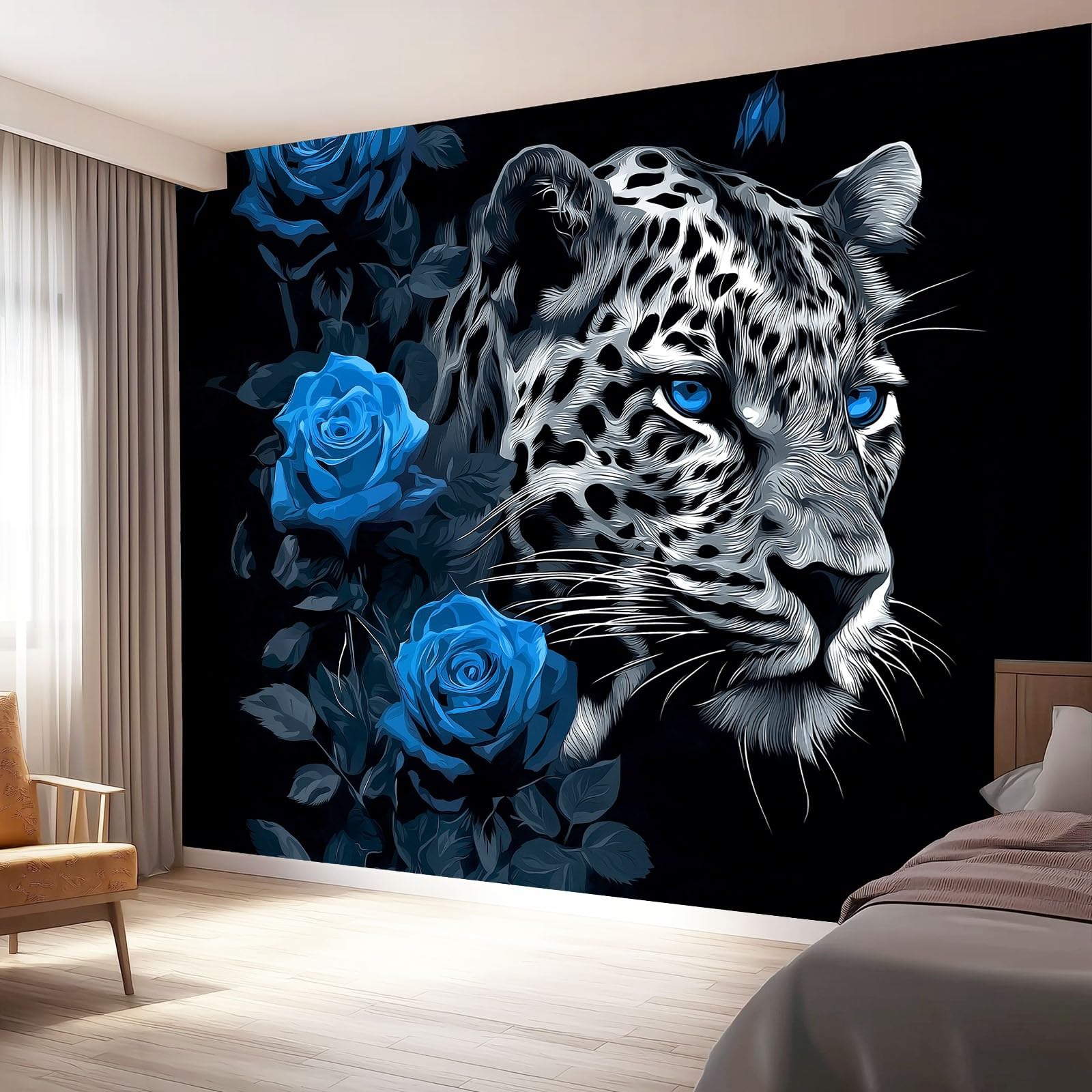 Zdjęcie ścienne 250 x 175 cm, niebieski różowy lampart, dekoracja z włókniny, do pokoju chłopięcego i biura, czarne